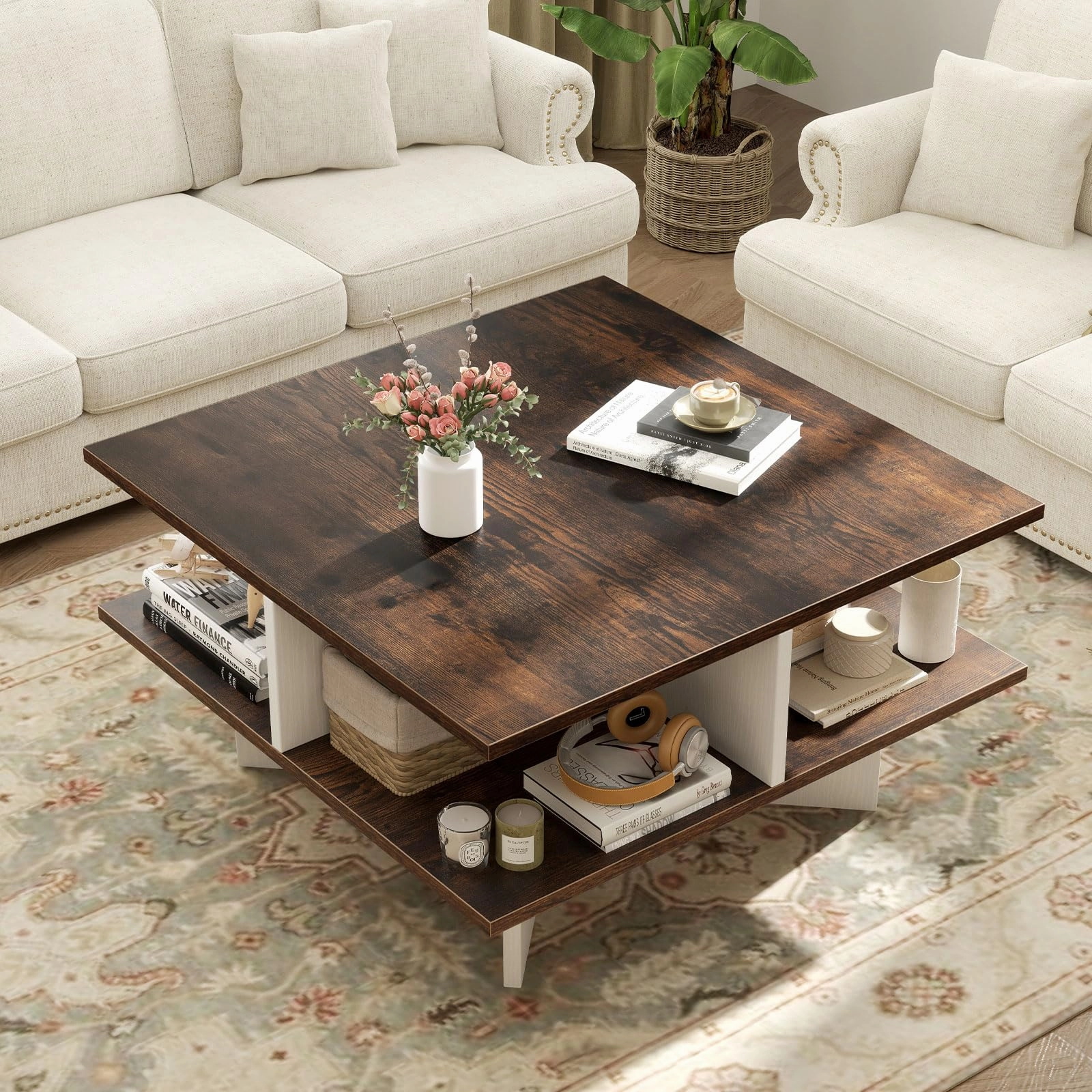Giantex Mid Century Modern Center Table with 4 Storage Compartments