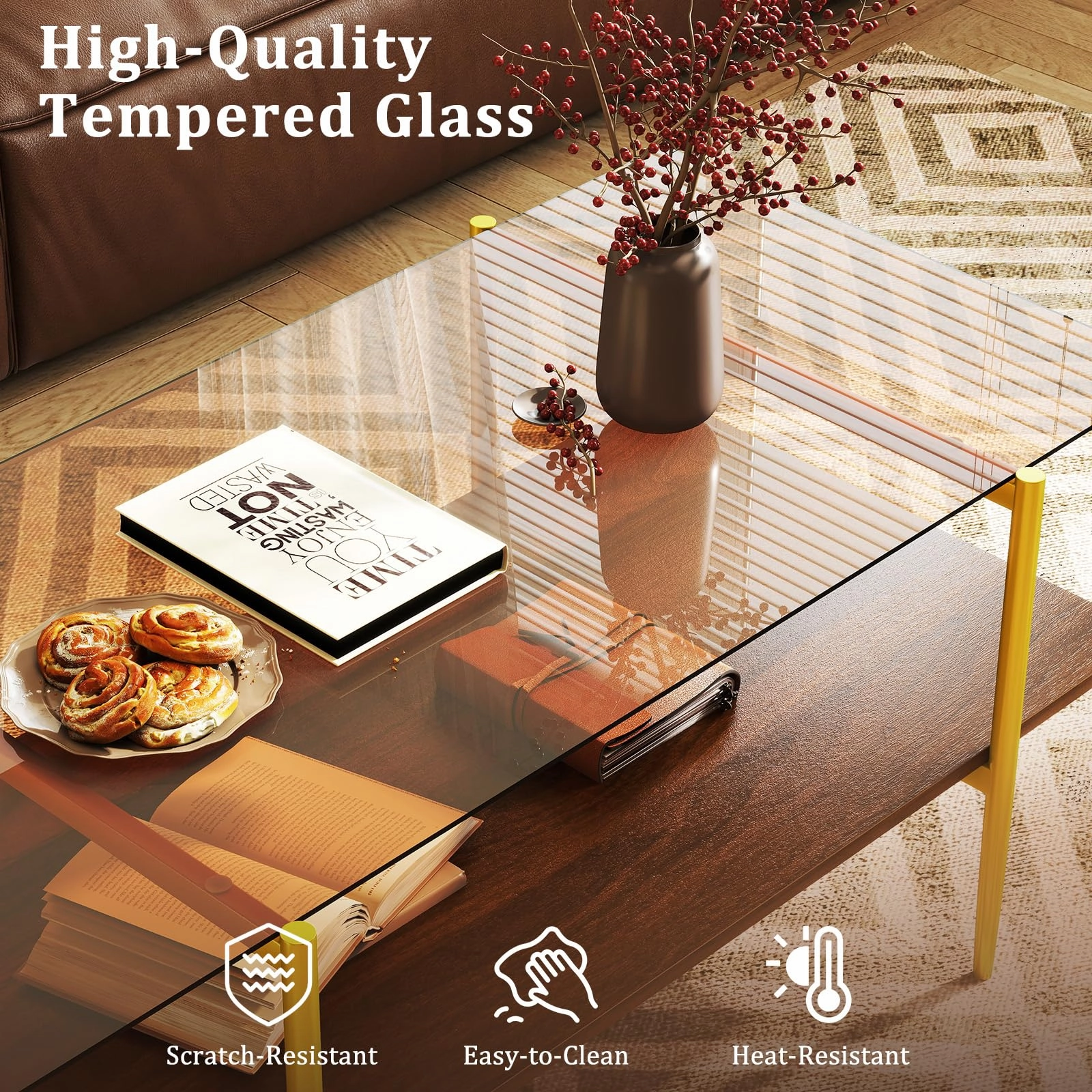 Giantex Mid Century Modern Center Table with Amber Tampered Glass Tabletop
