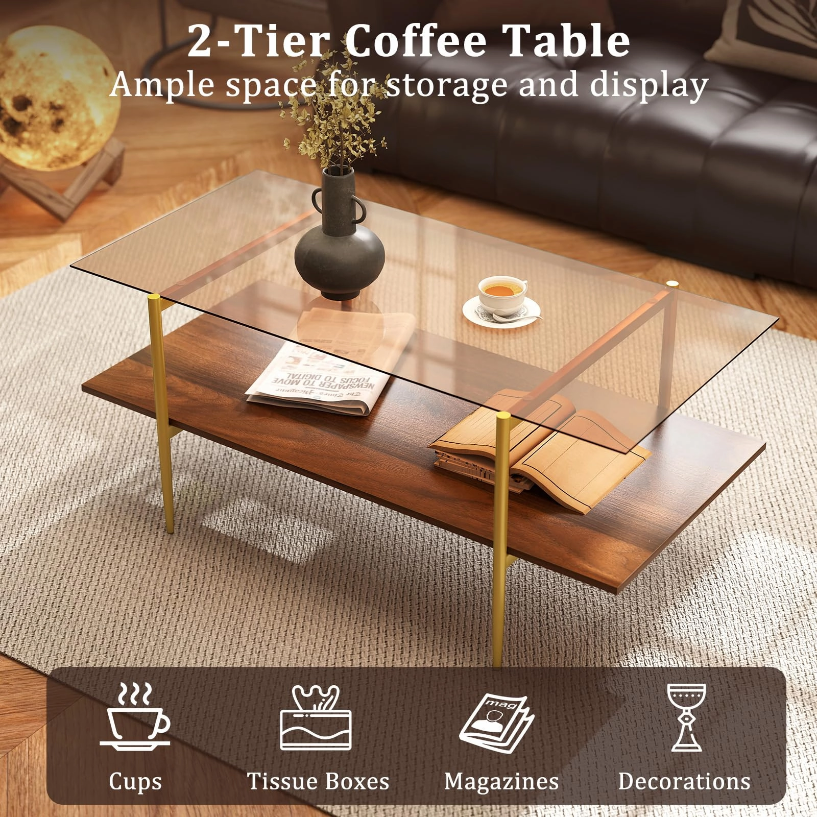 Giantex Mid Century Modern Center Table with Amber Tampered Glass Tabletop