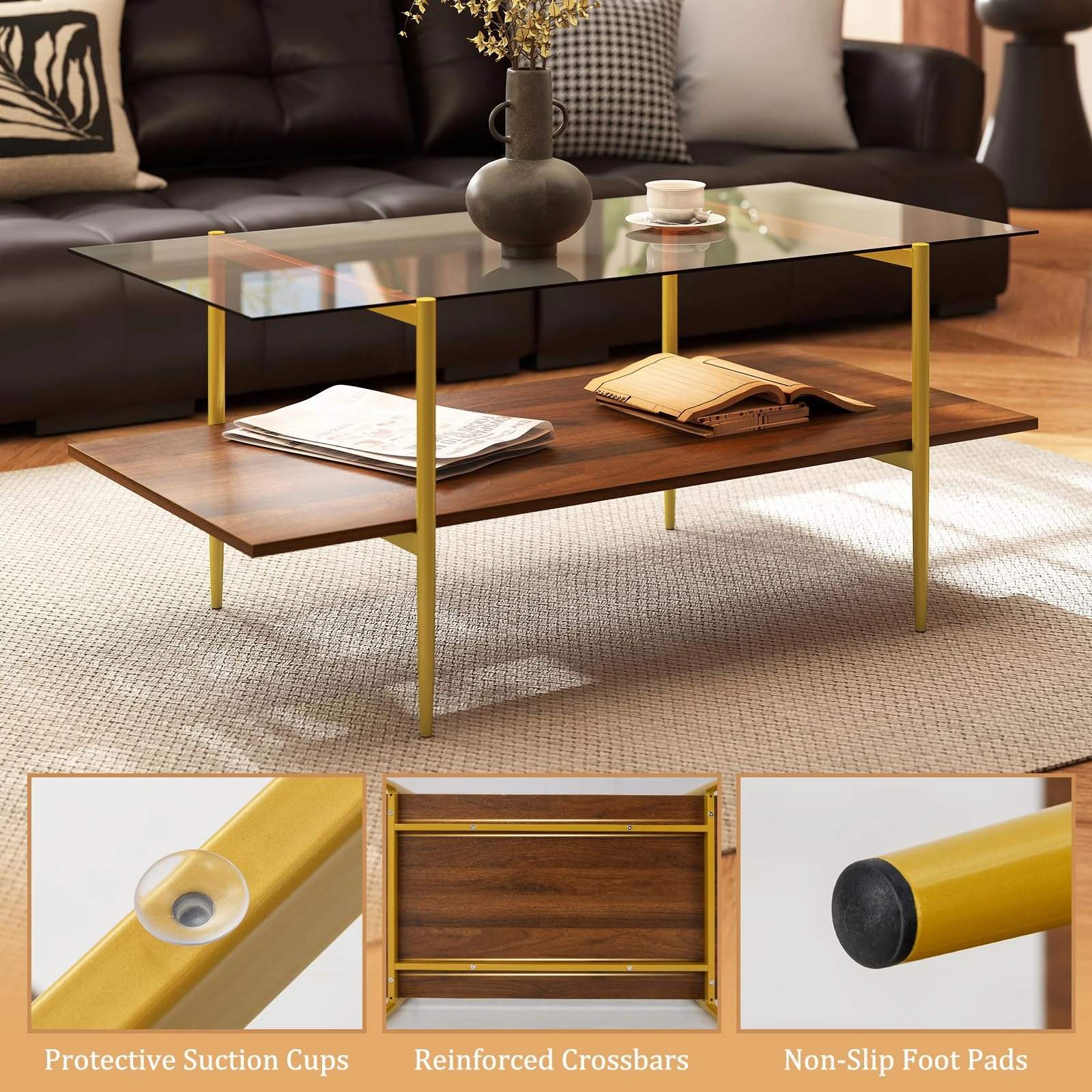 Giantex Mid Century Modern Center Table with Amber Tampered Glass Tabletop