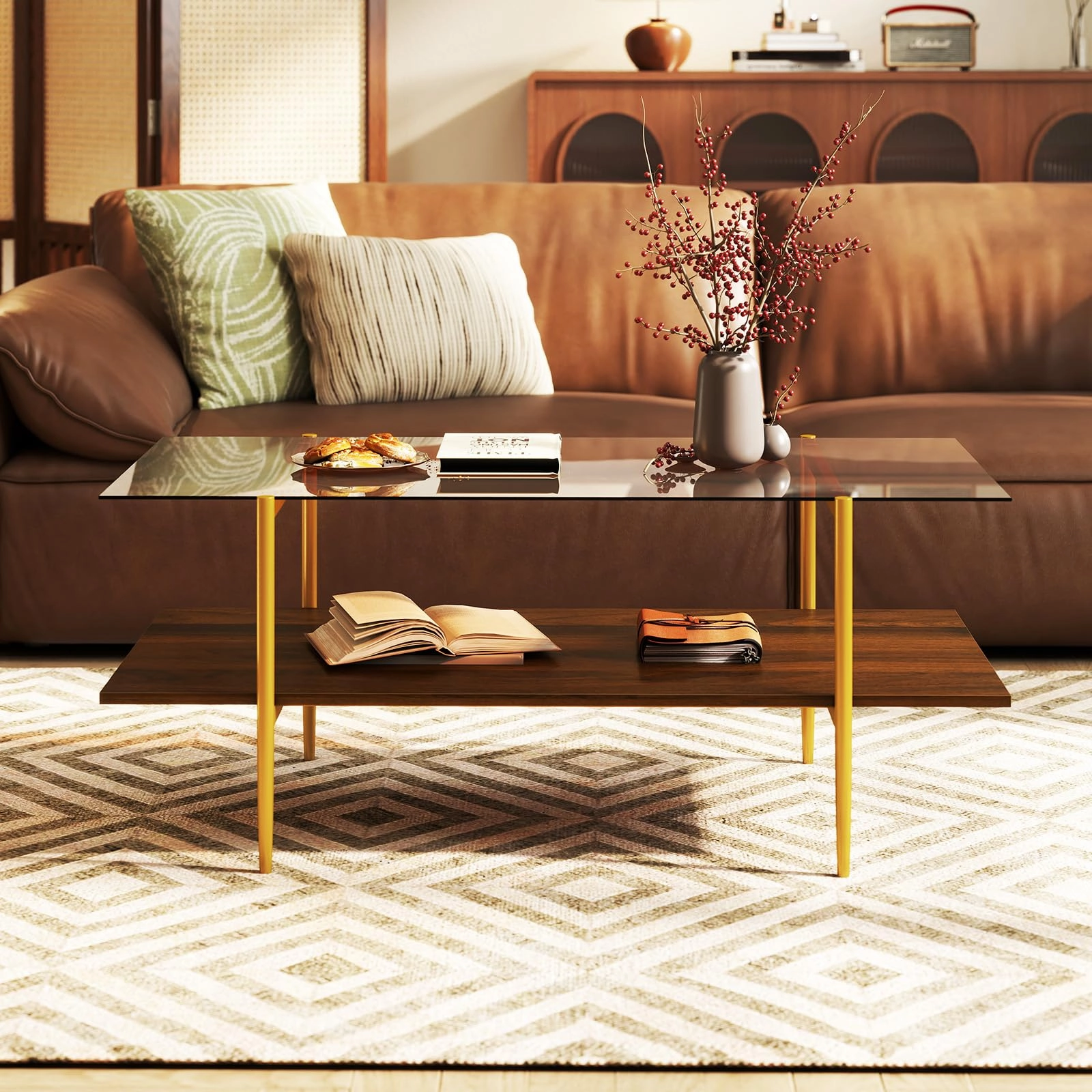 Giantex Mid Century Modern Center Table with Amber Tampered Glass Tabletop