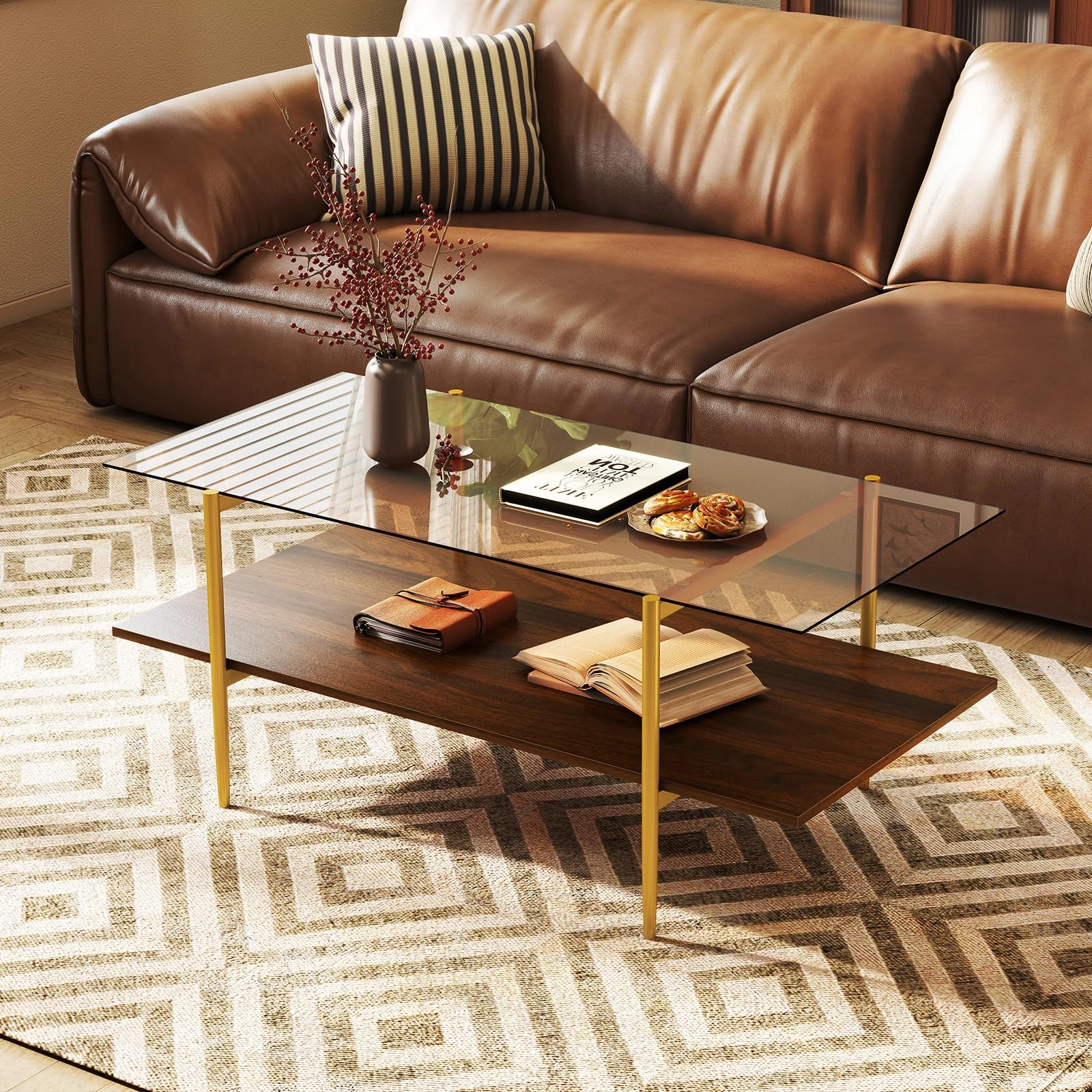 Giantex Mid Century Modern Center Table with Amber Tampered Glass Tabletop throw pillow, fuzzy blanket