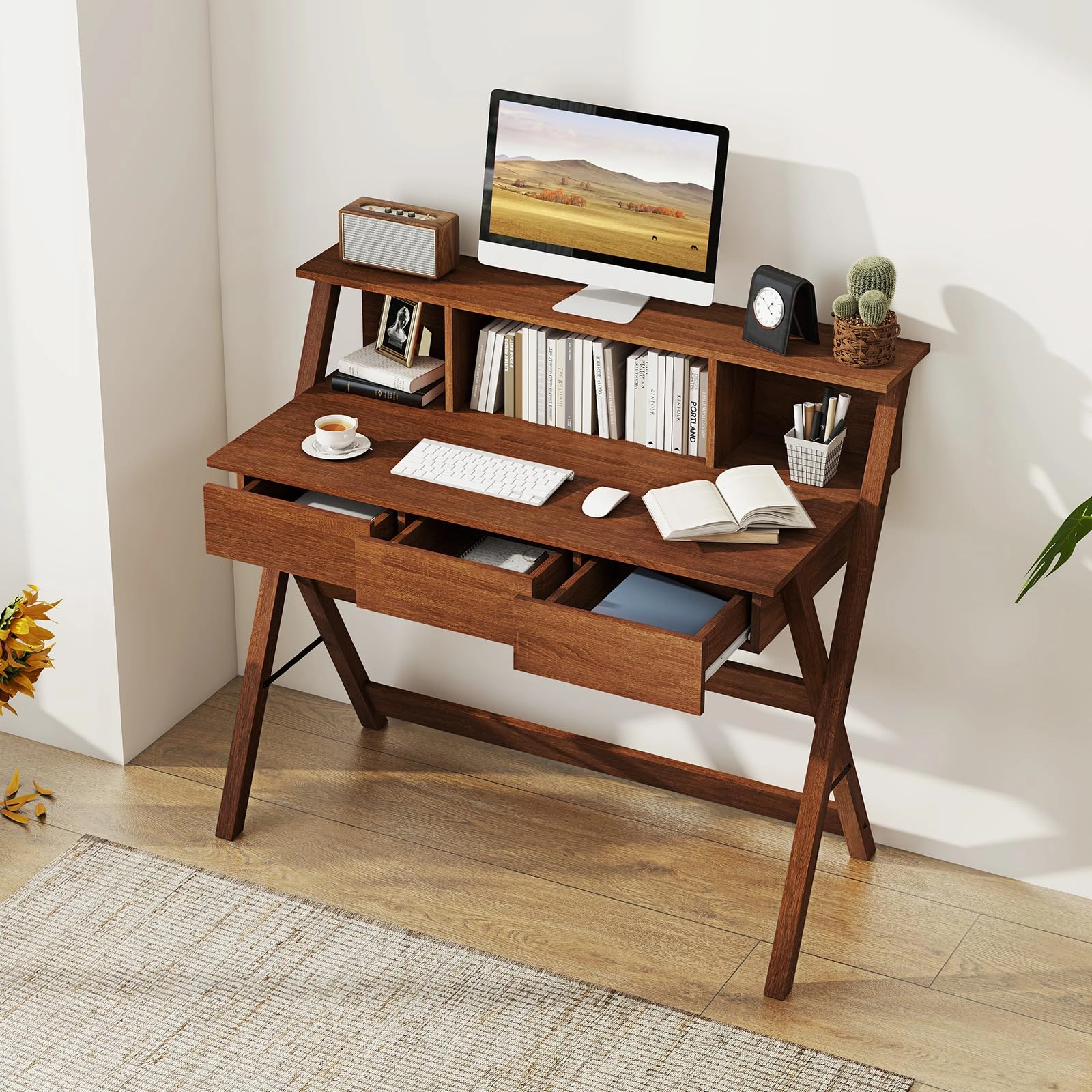 Giantex Mid Century Modern Desk with 3 Drawers