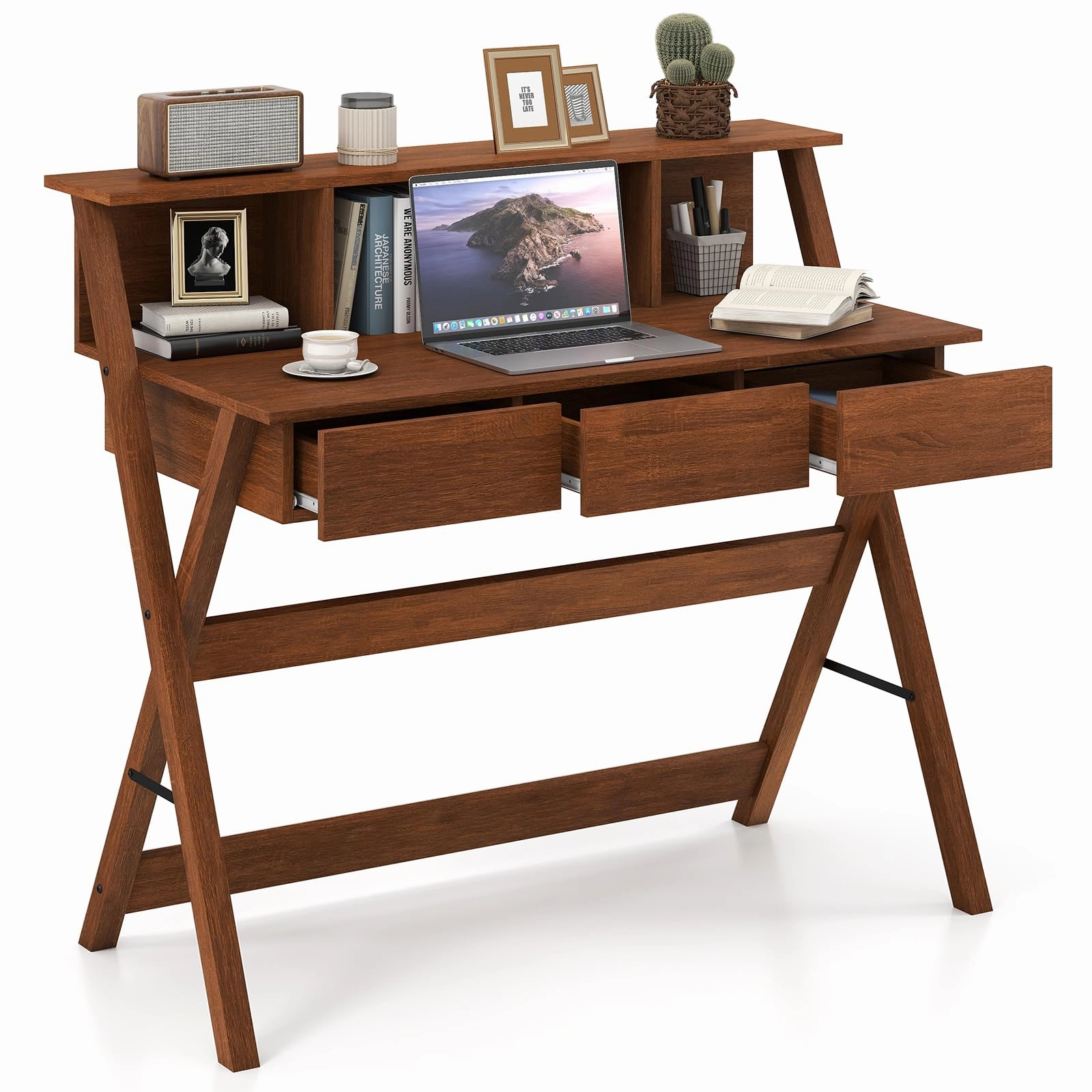 Giantex Mid Century Modern Desk with 3 Drawers patio decor, garden accessories