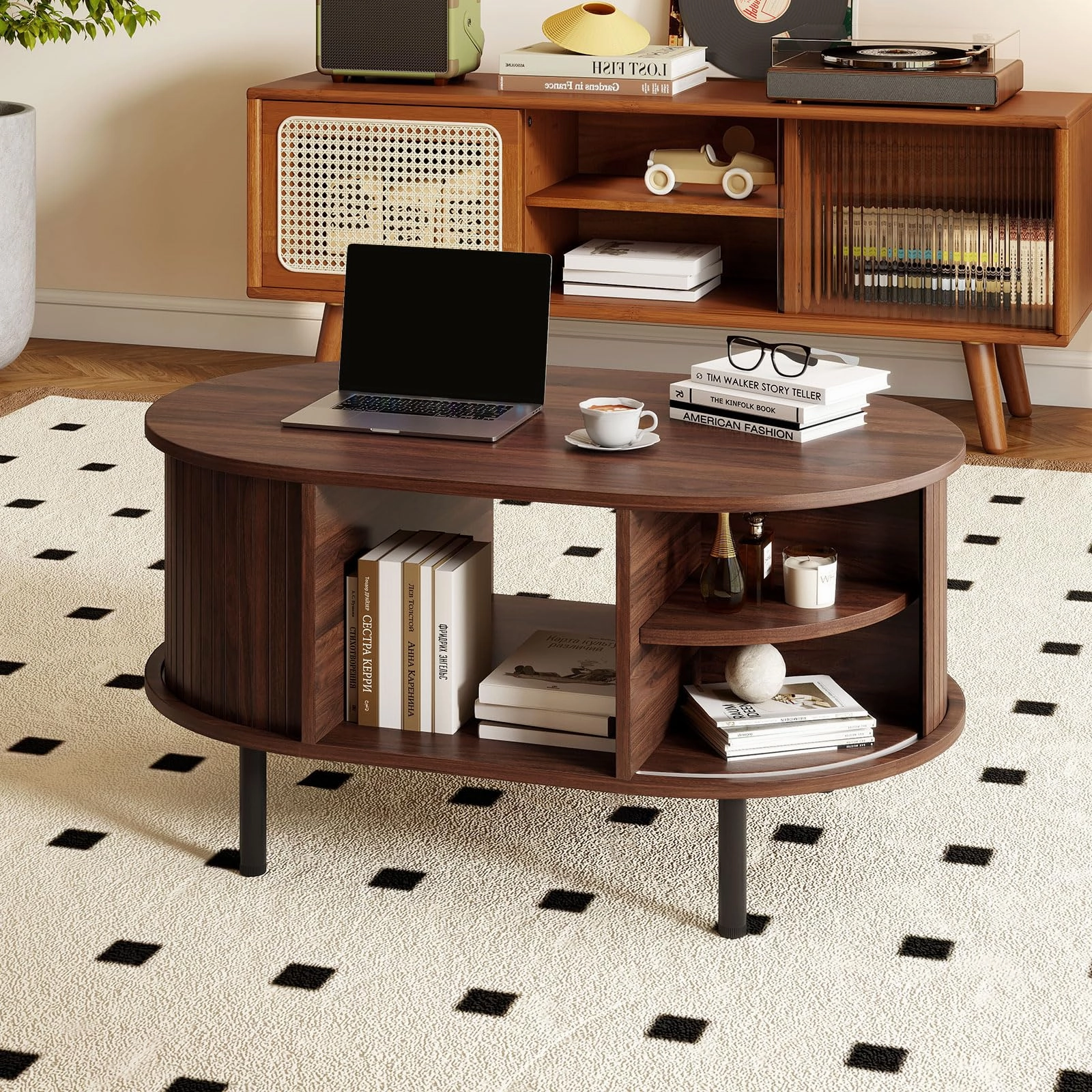 Giantex Mid Century Modern Living Room Table with Sliding Tambour Doors