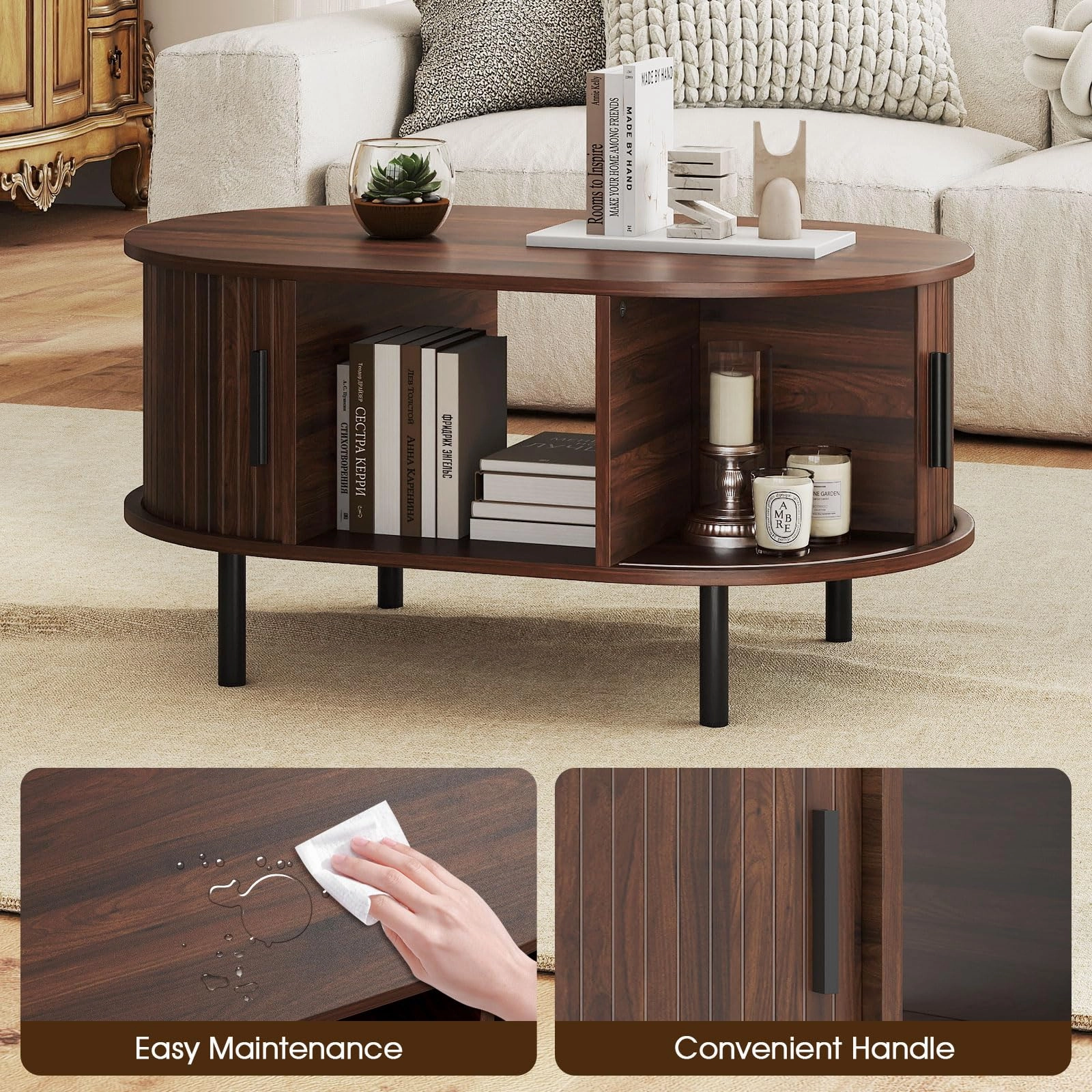 Giantex Mid Century Modern Living Room Table with Sliding Tambour Doors