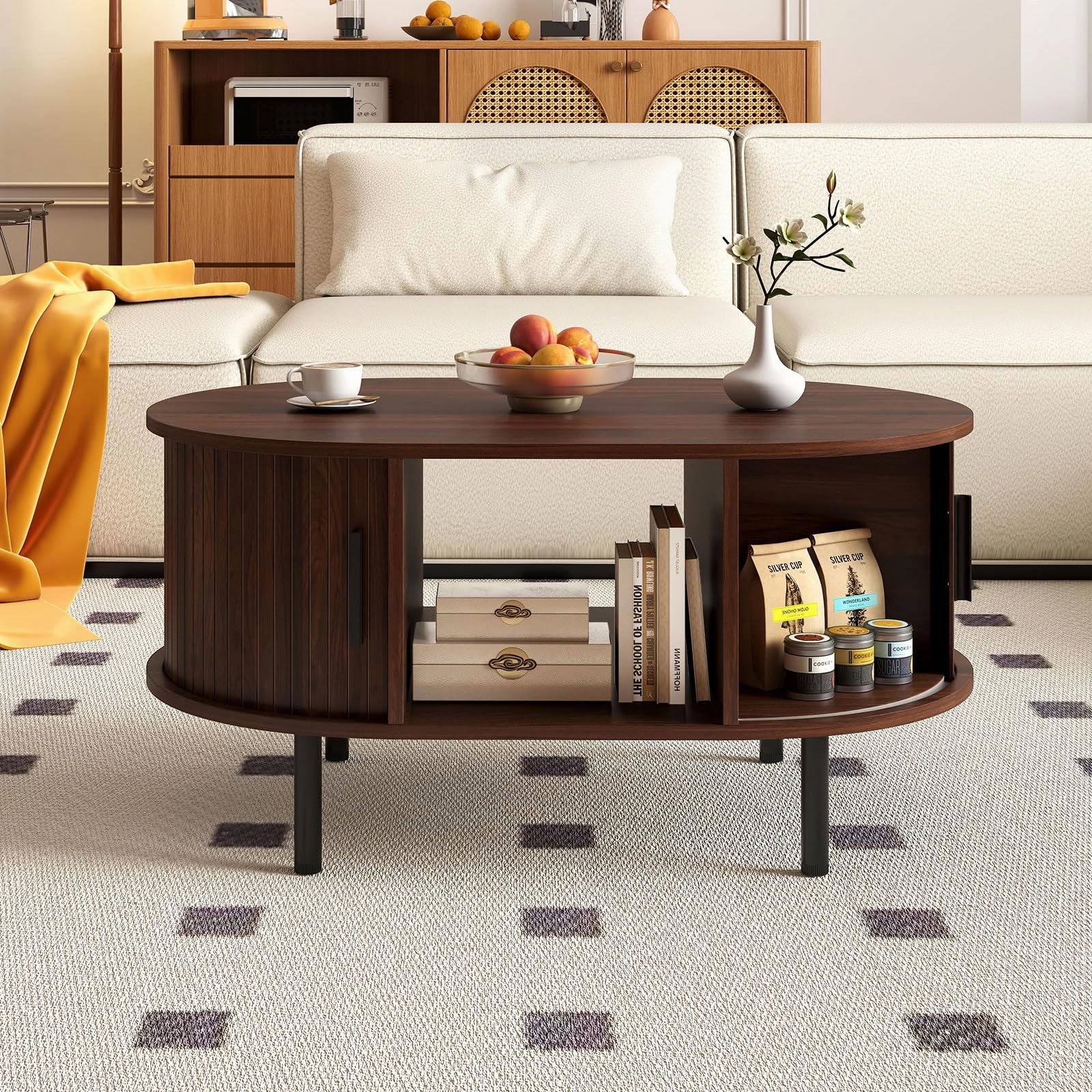 Giantex Mid Century Modern Living Room Table with Sliding Tambour Doors