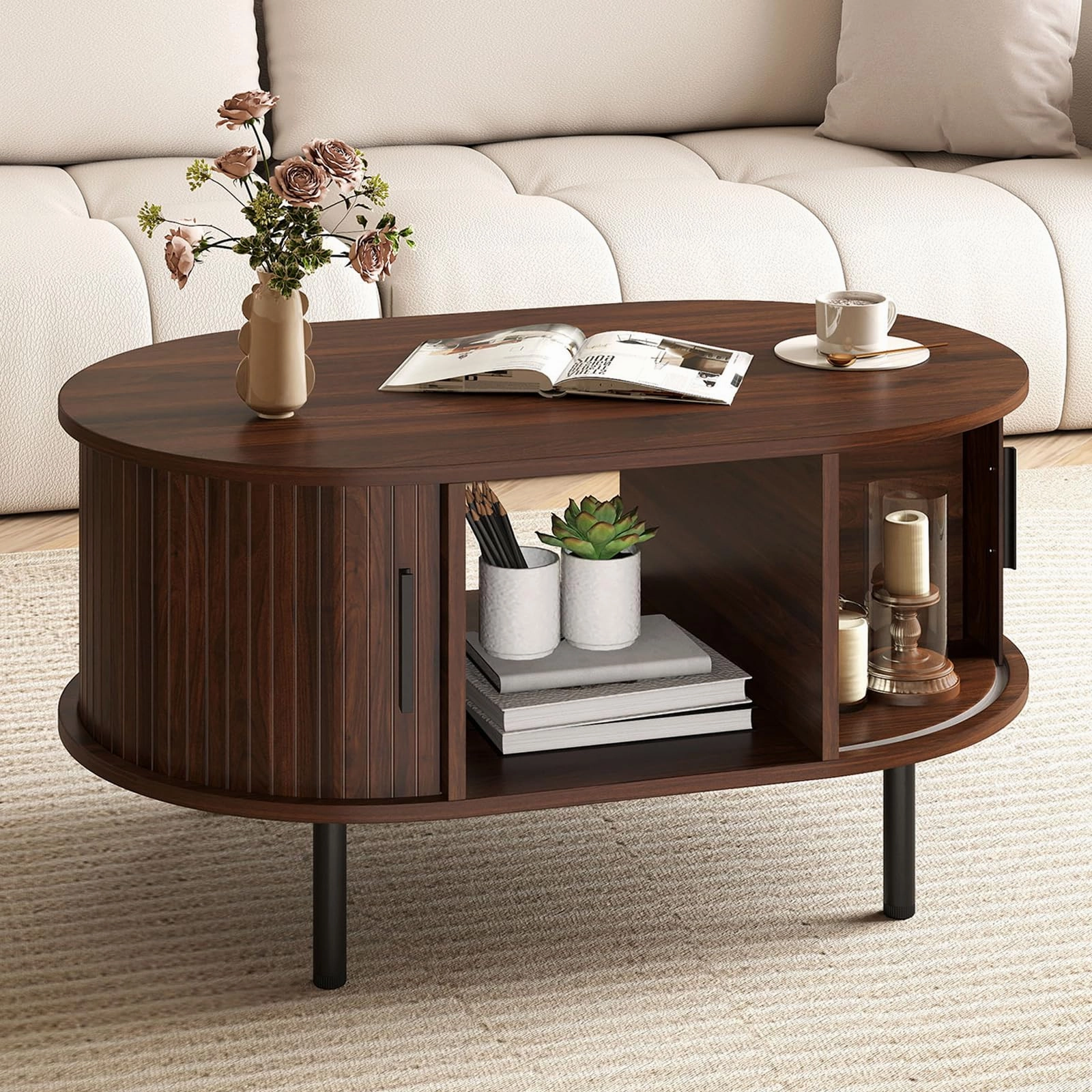Giantex Mid Century Modern Living Room Table with Sliding Tambour Doors