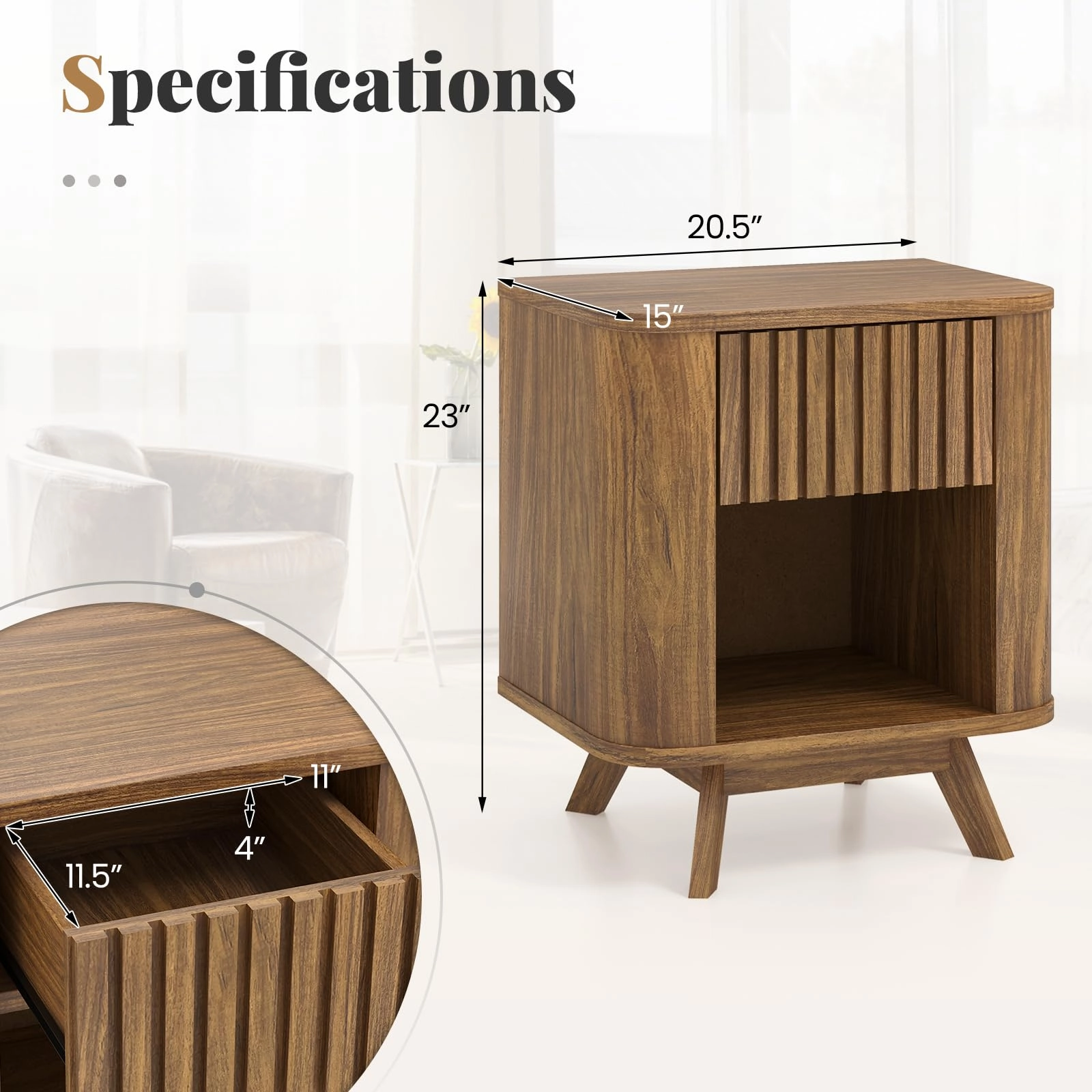 Giantex Mid Century Modern Nightstand Set of 1/2 Fluted Bedside Table