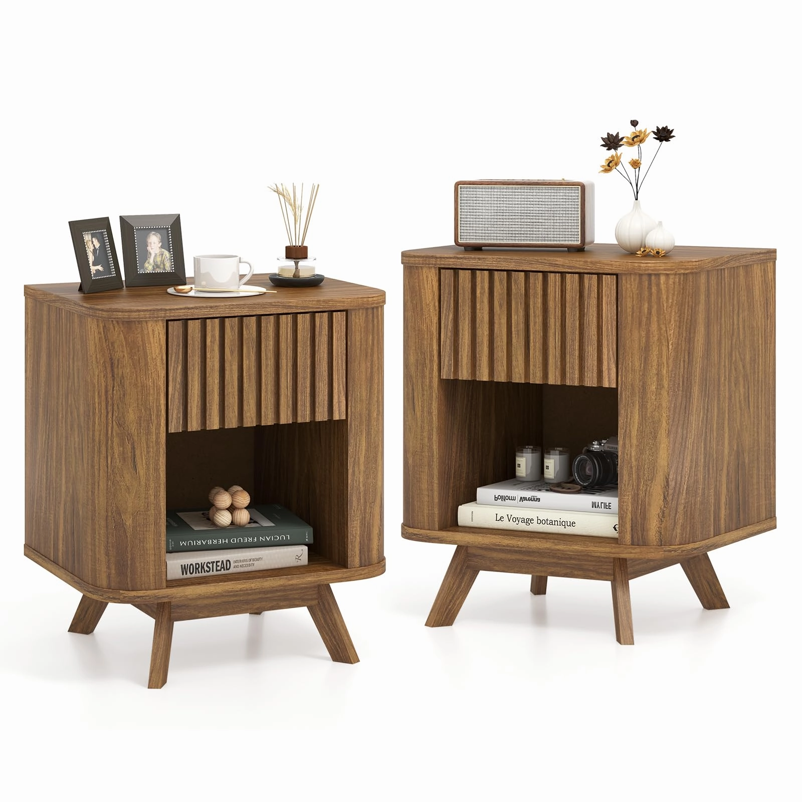 Giantex Mid Century Modern Nightstand Set of 1/2 Fluted Bedside Table