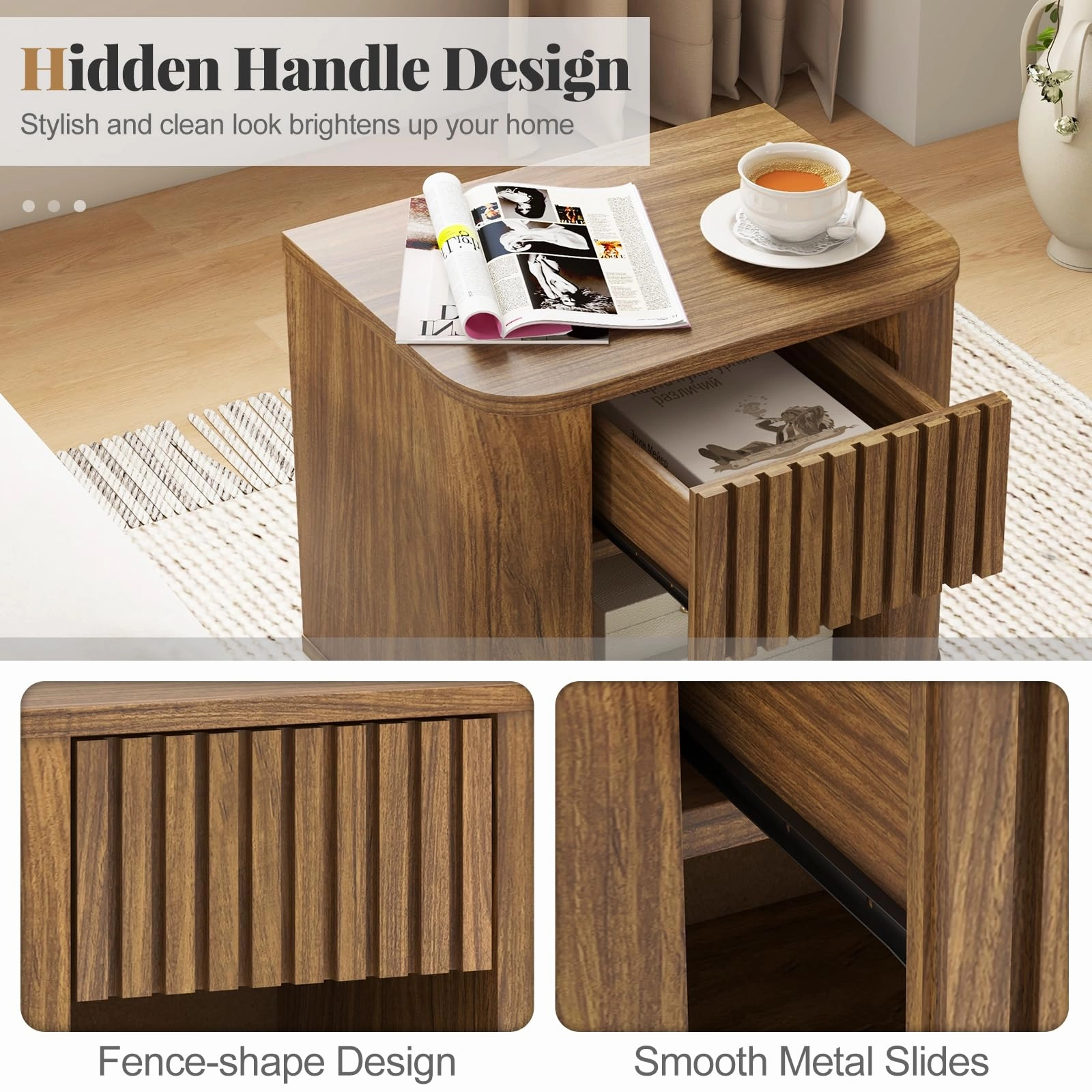 Giantex Mid Century Modern Nightstand Set of 1/2 Fluted Bedside Table