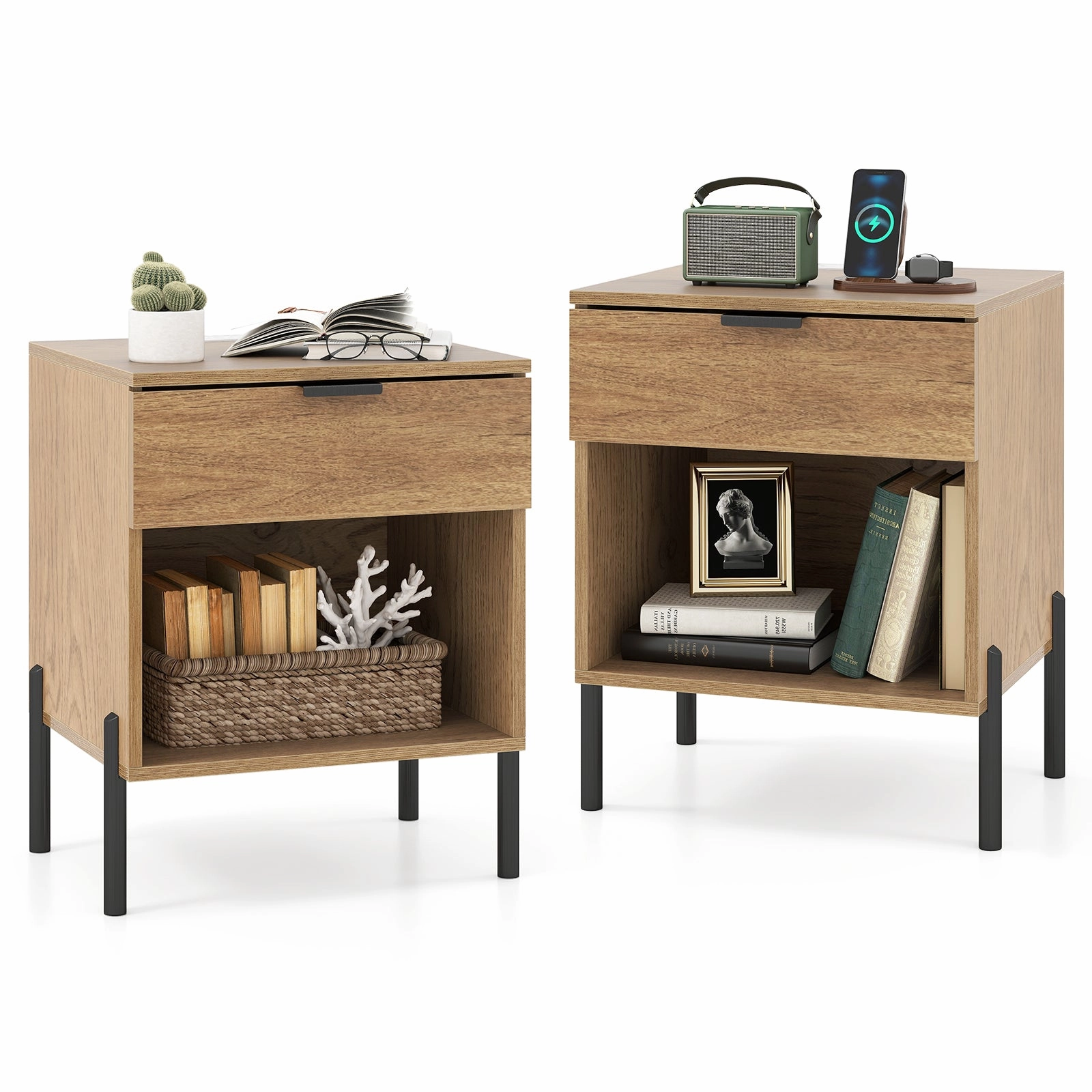 Giantex Mid Century Modern Nightstand with Charging Station