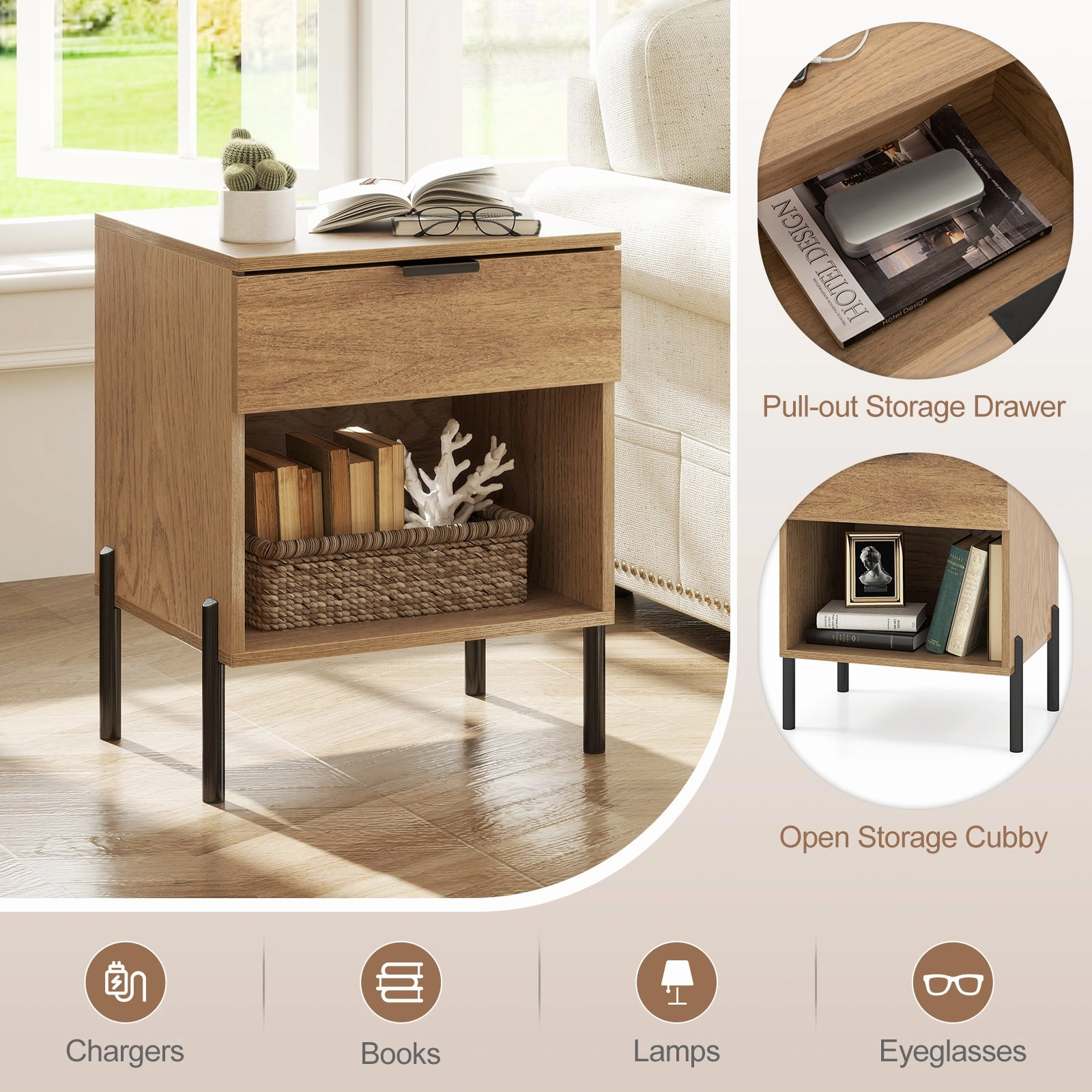 Giantex Mid Century Modern Nightstand with Charging Station