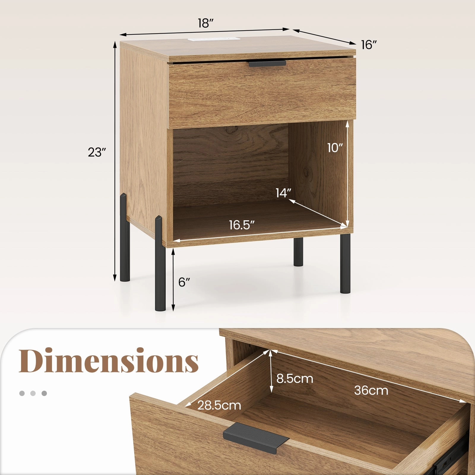 Giantex Mid Century Modern Nightstand with Charging Station