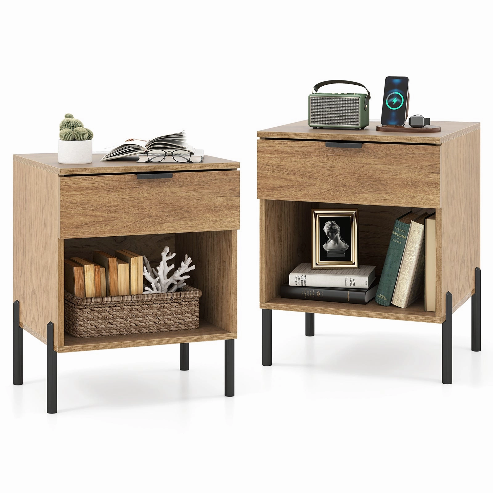 Giantex Mid Century Modern Nightstand with Charging Station
