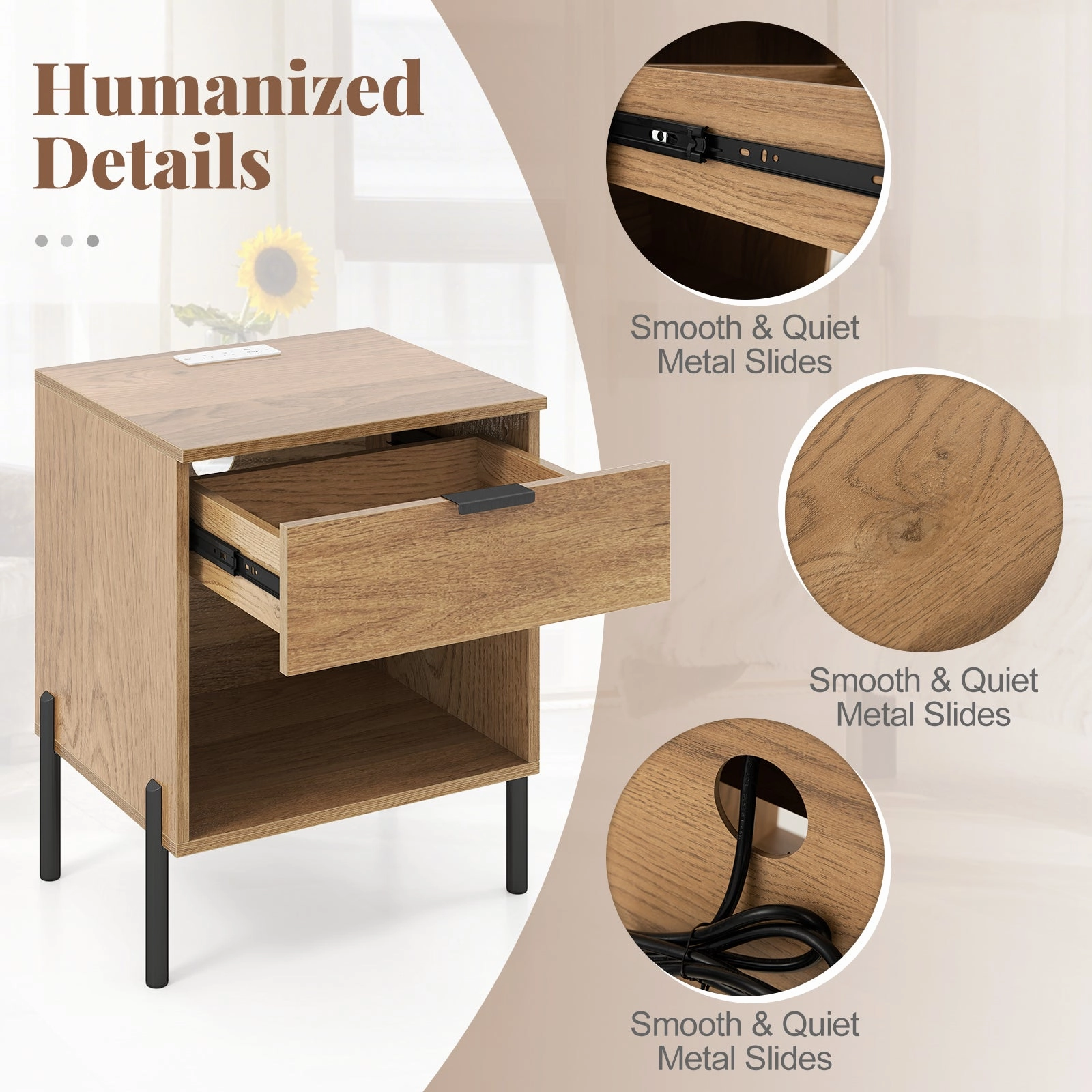 Giantex Mid Century Modern Nightstand with Charging Station