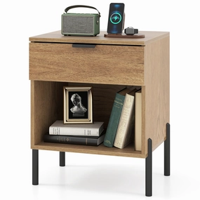 Giantex Mid Century Modern Nightstand with Charging Station throw pillow, fuzzy blanket
