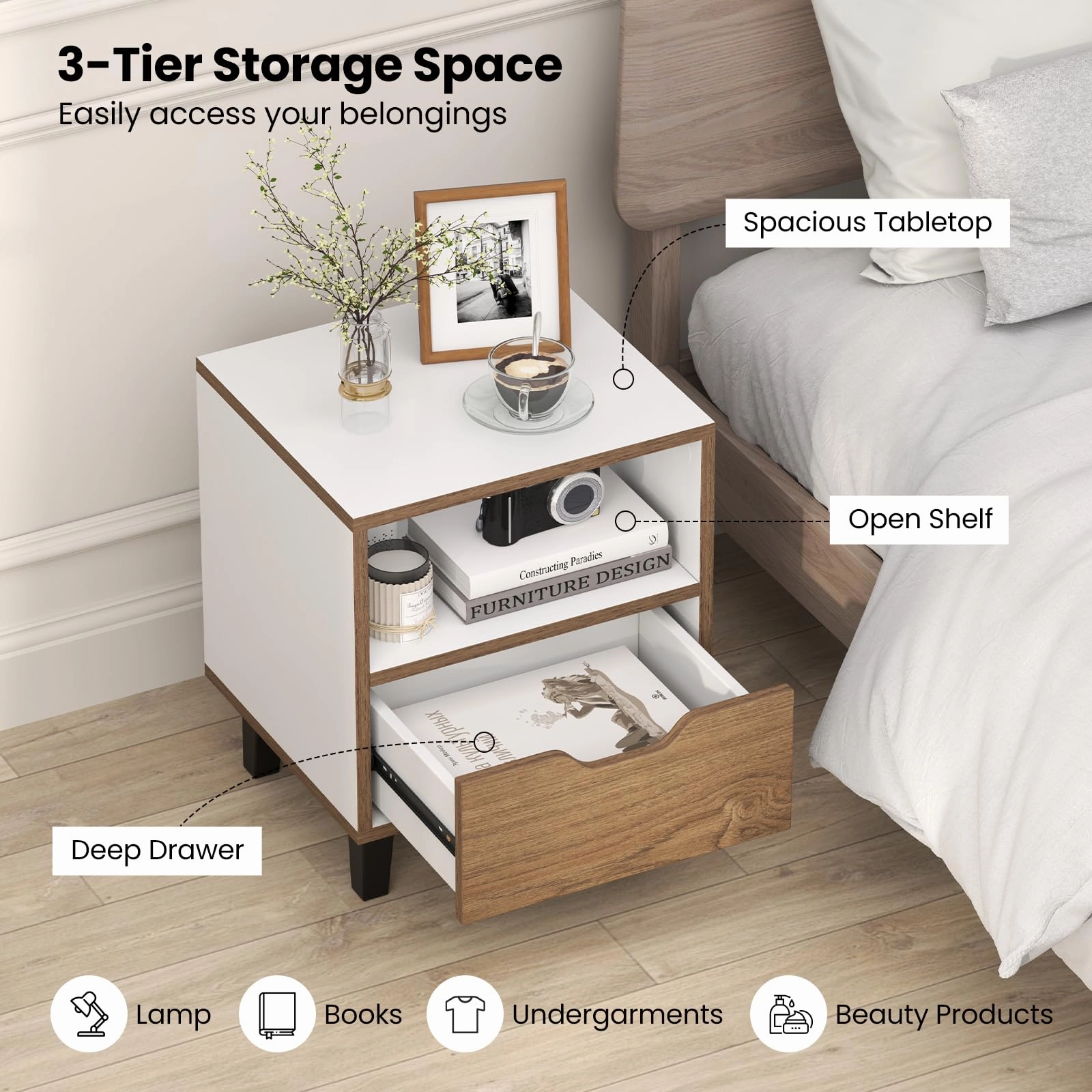 Giantex Mid Century Modern Nightstand with Metal Legs