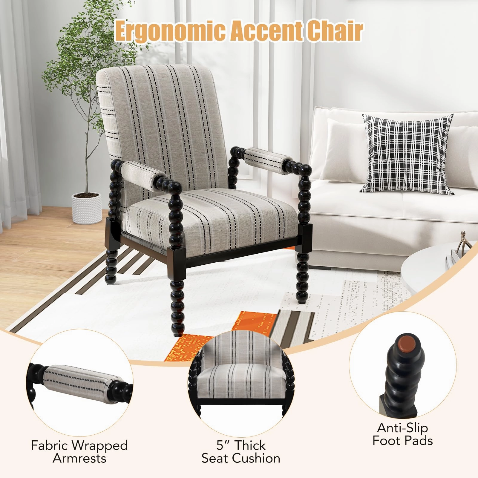 Giantex Mid Century Modern Spindle Accent Chair Set of 1/2, Upholstered Armchair w/Rubber Wood Frame