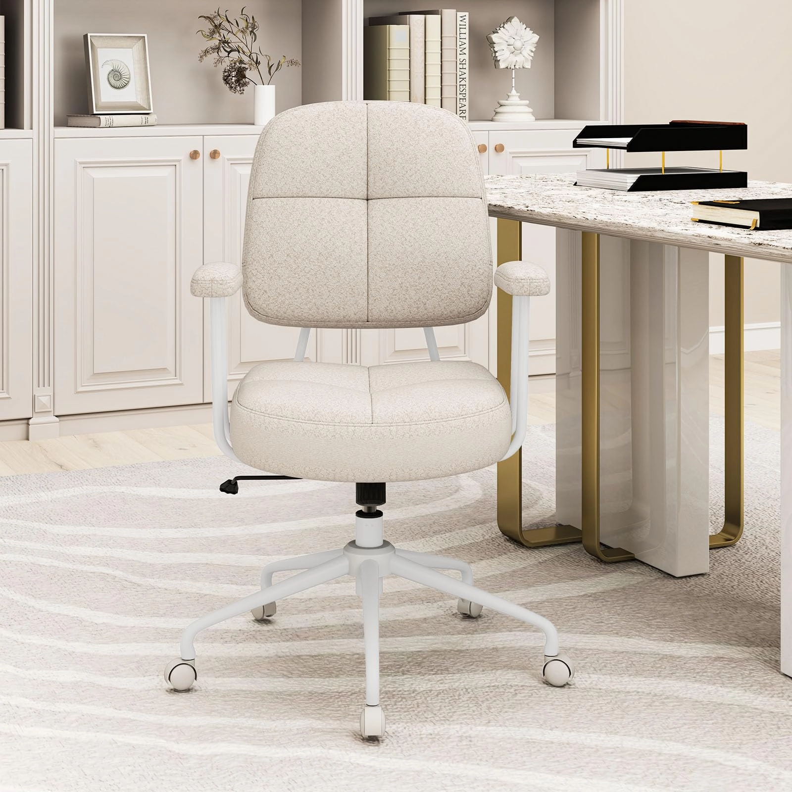 Giantex Mid Century Modren Office Chair, Faux Fur Desk Chair w/Armrest & Mid Back