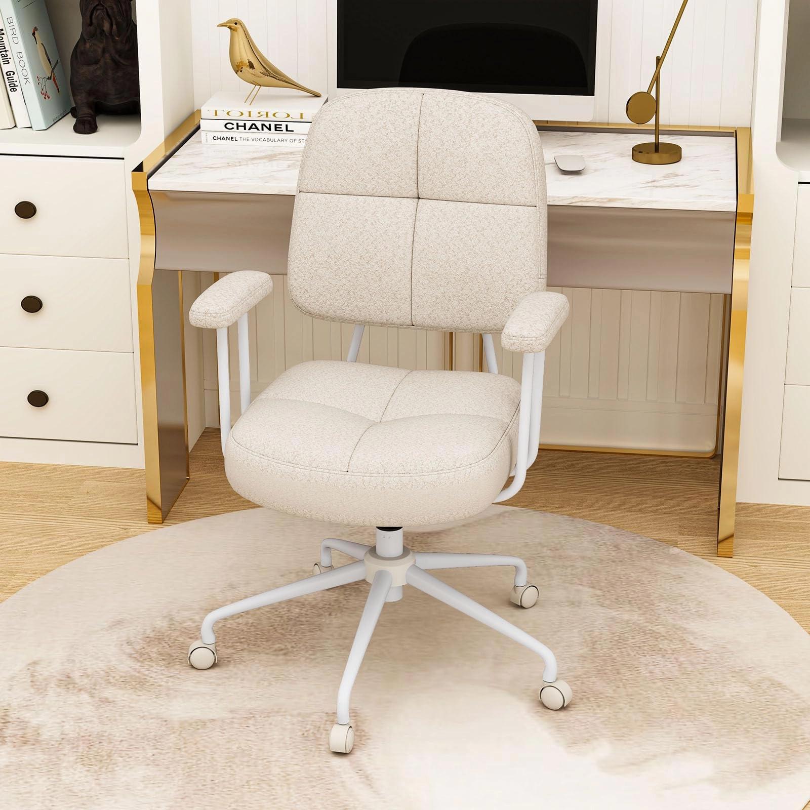 Giantex Mid Century Modren Office Chair, Faux Fur Desk Chair w/Armrest & Mid Back