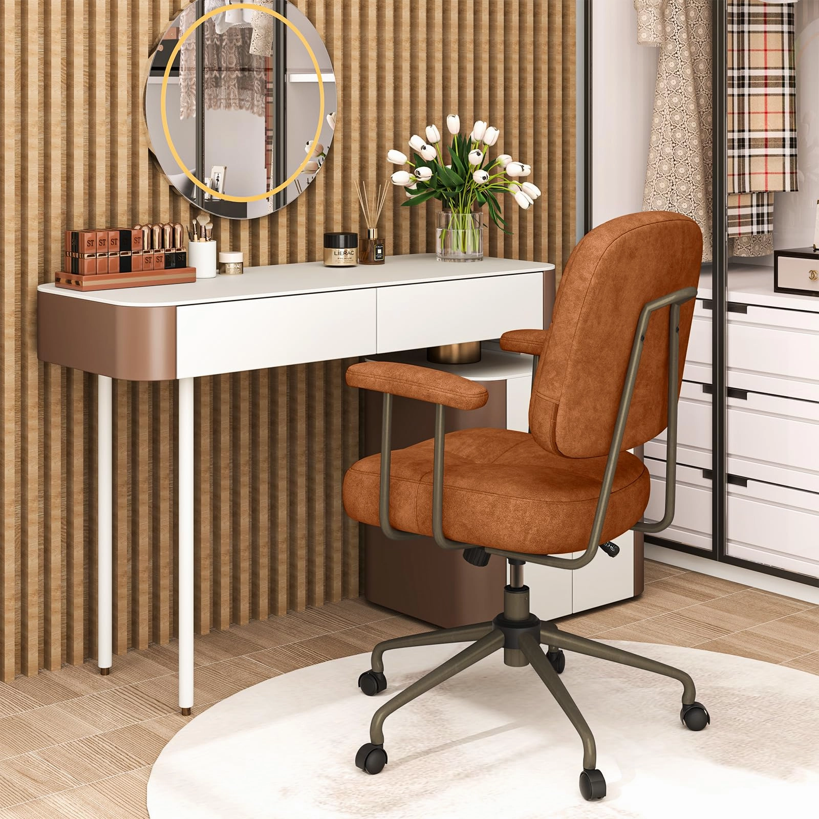 Giantex Mid Century Modren Office Chair, Fuax Leather Desk Chair w/Armrest & Mid Back