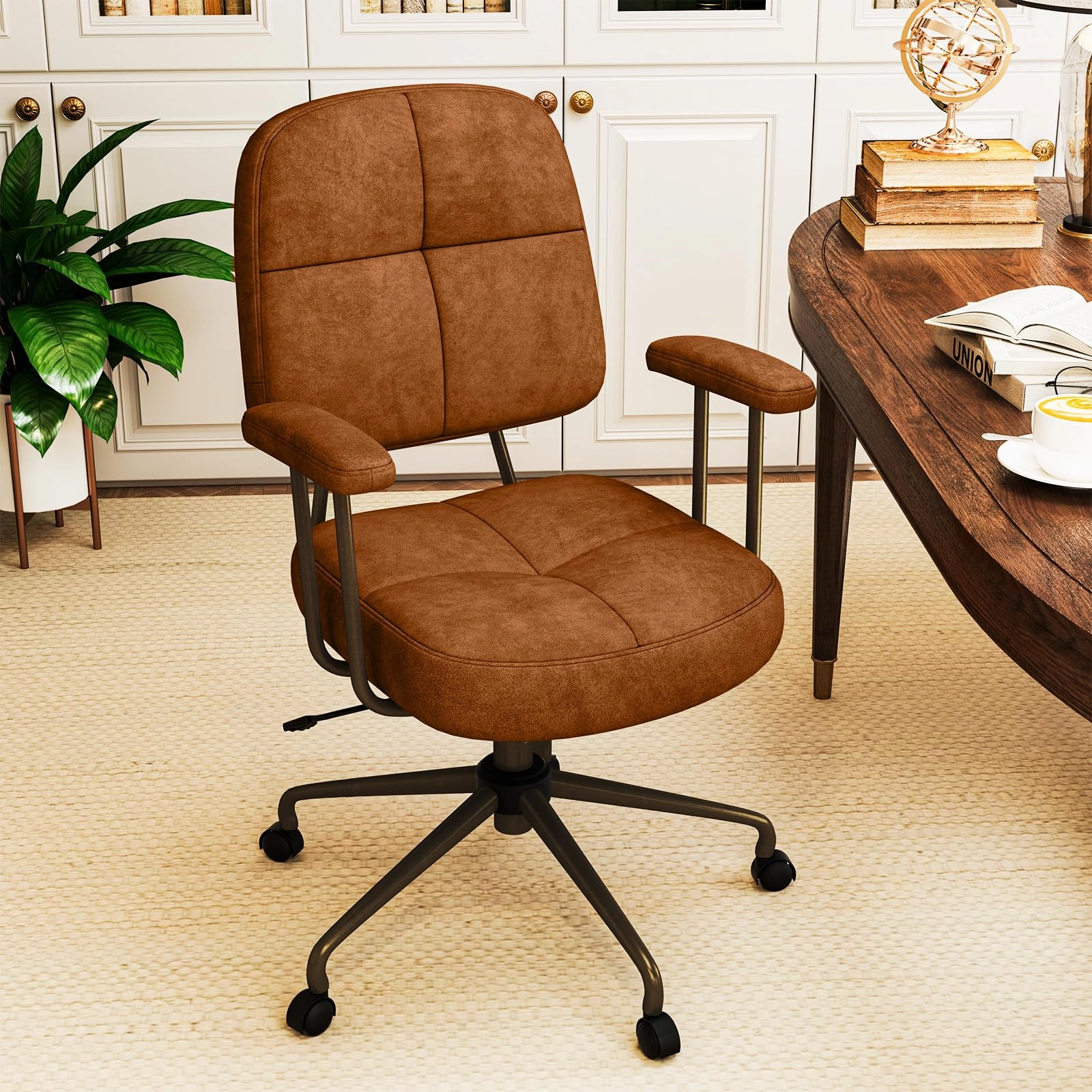 Giantex Mid Century Modren Office Chair, Fuax Leather Desk Chair w/Armrest & Mid Back