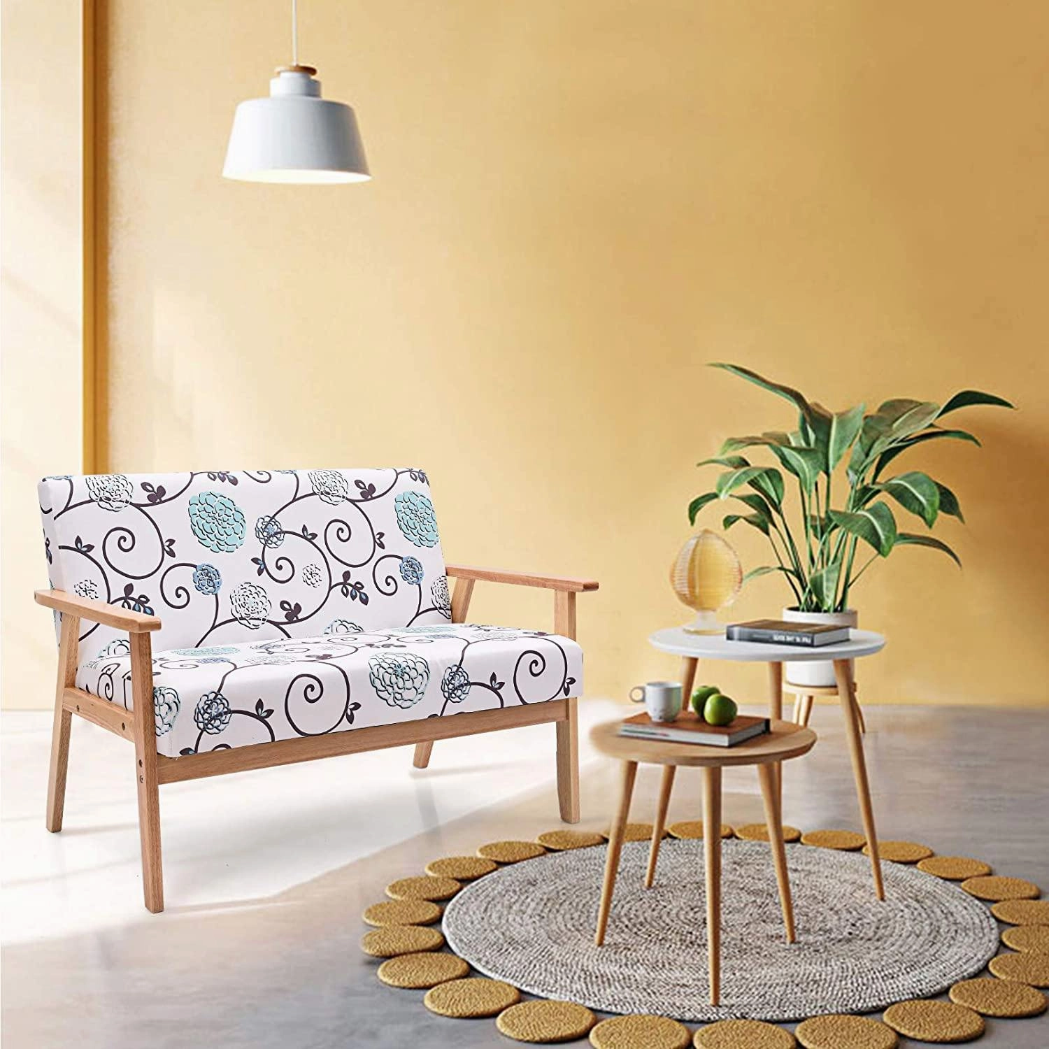 Giantex Mid-Century Wooden Loveseat, Upholstered Wooden Lounge Accent Chair