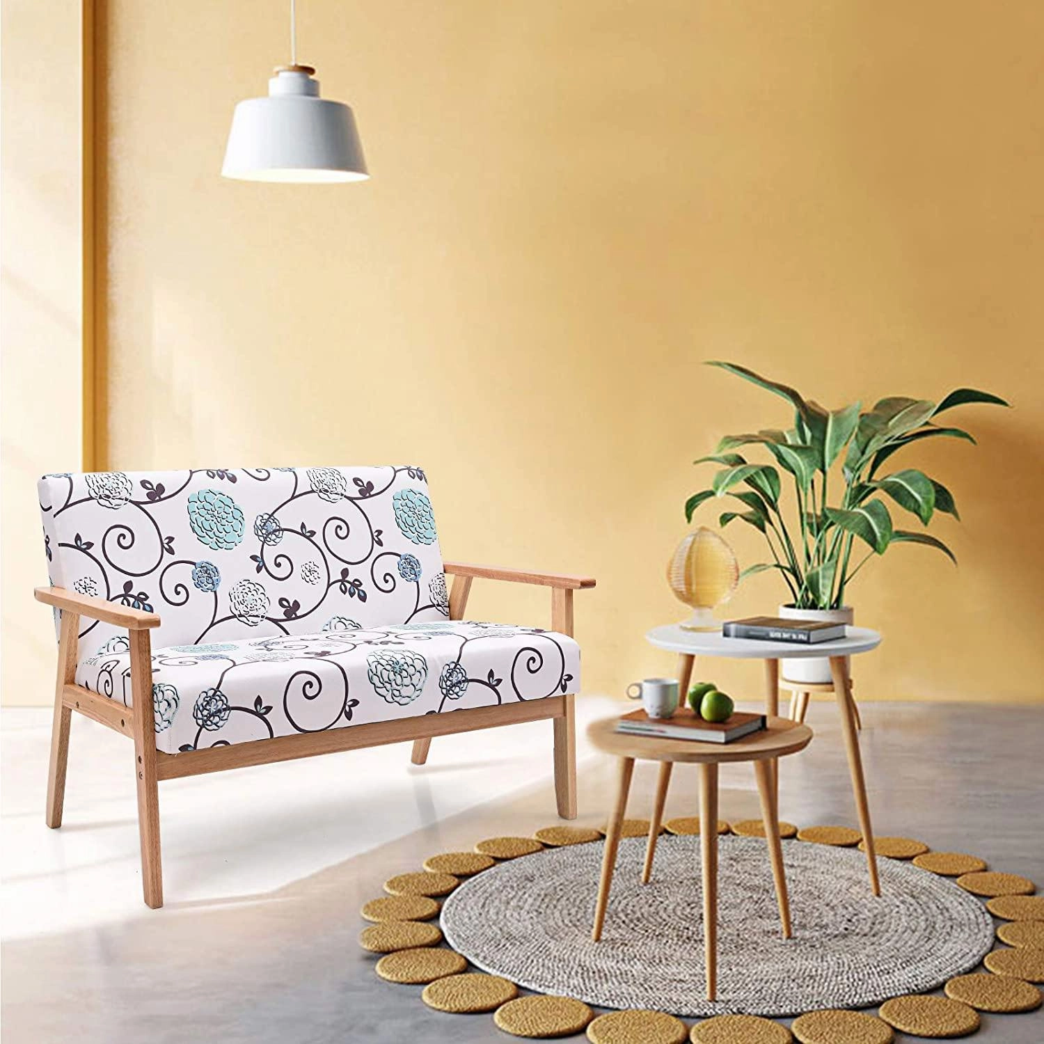 Giantex Mid-Century Wooden Loveseat, Upholstered Wooden Lounge Accent Chair
