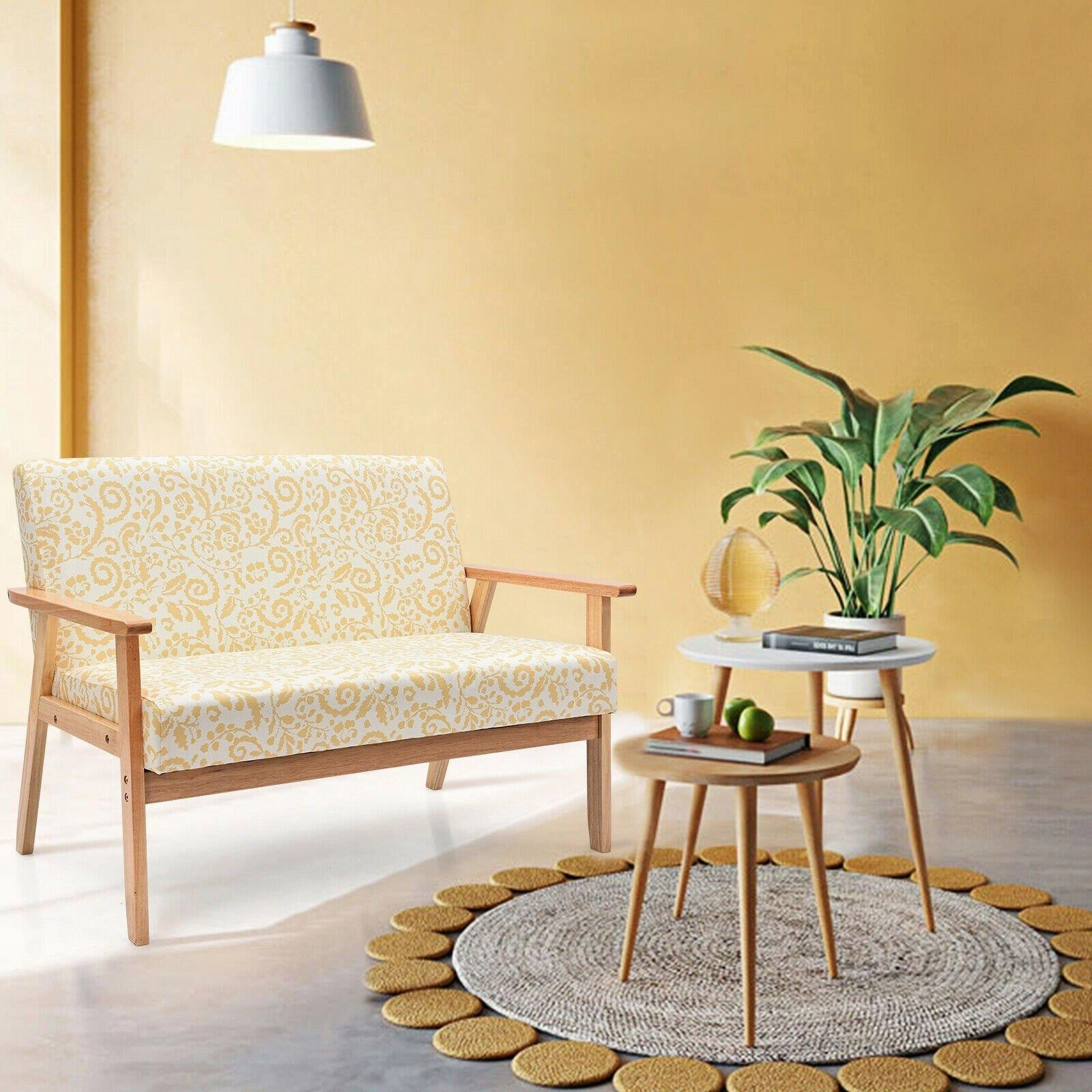 Giantex Mid-Century Wooden Loveseat, Upholstered Wooden Lounge Accent Chair