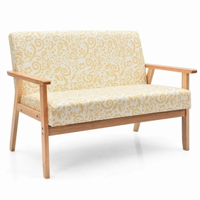 Giantex Mid-Century Wooden Loveseat, Upholstered Wooden Lounge Accent Chair storage ottoman, pouf