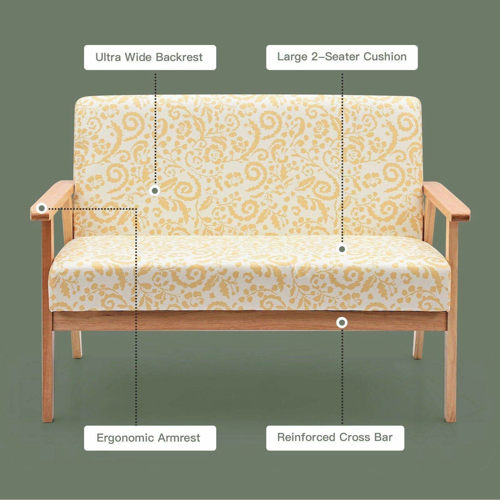 Giantex Mid-Century Wooden Loveseat, Upholstered Wooden Lounge Accent Chair