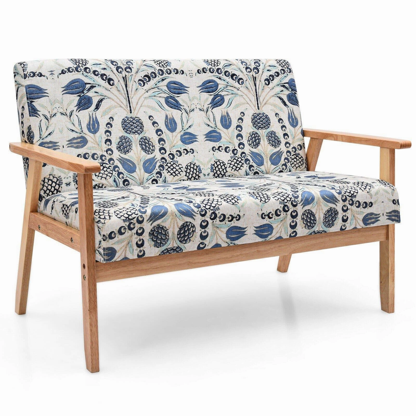 Giantex Mid-Century Wooden Loveseat, Upholstered Wooden Lounge Accent Chair