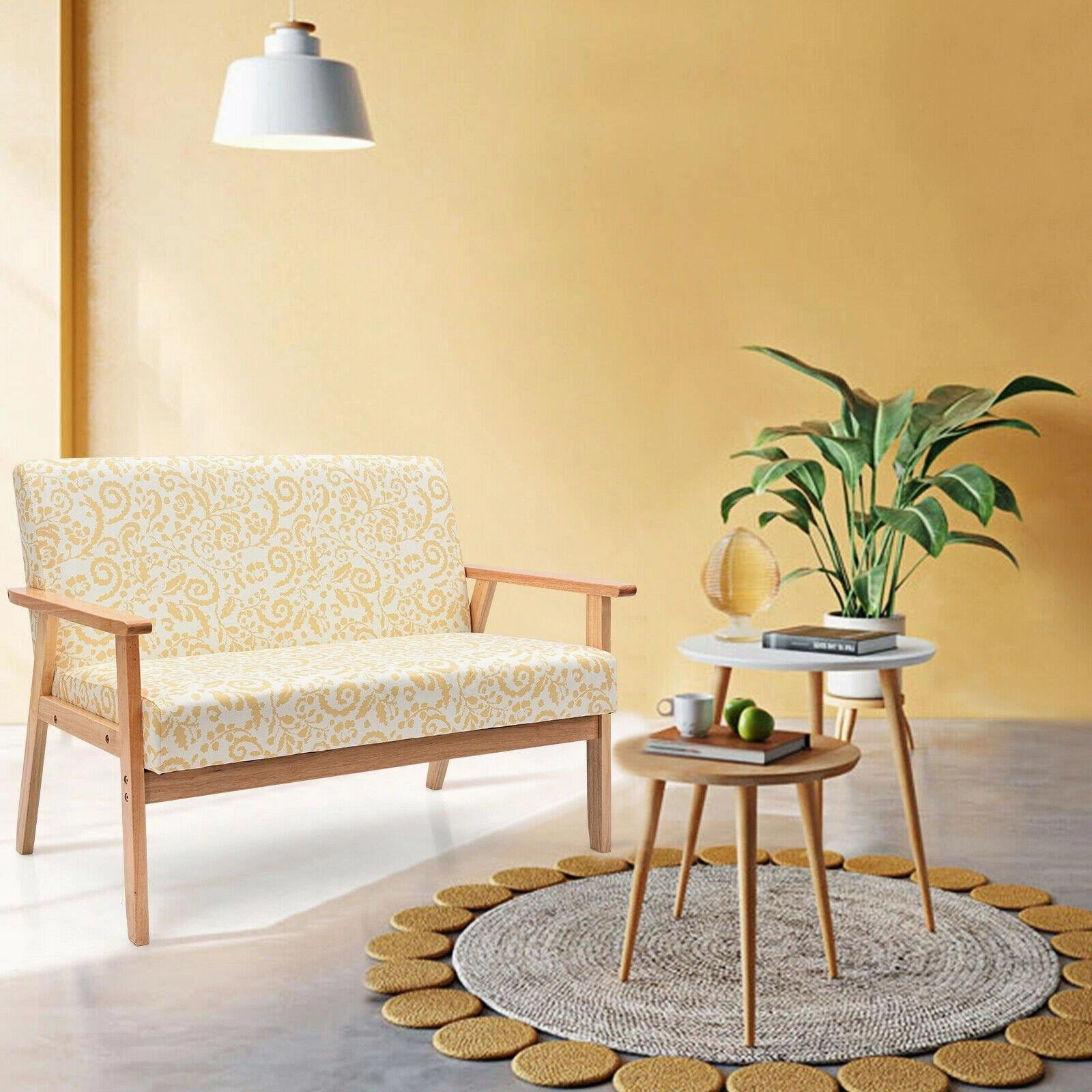 Giantex Mid-Century Wooden Loveseat, Upholstered Wooden Lounge Accent Chair