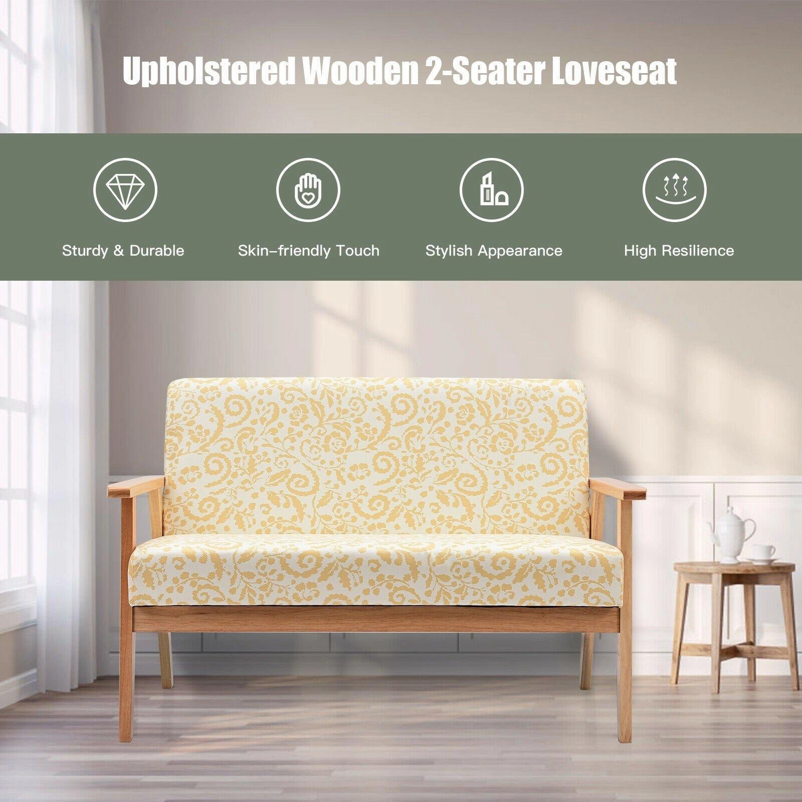 Giantex Mid-Century Wooden Loveseat, Upholstered Wooden Lounge Accent Chair