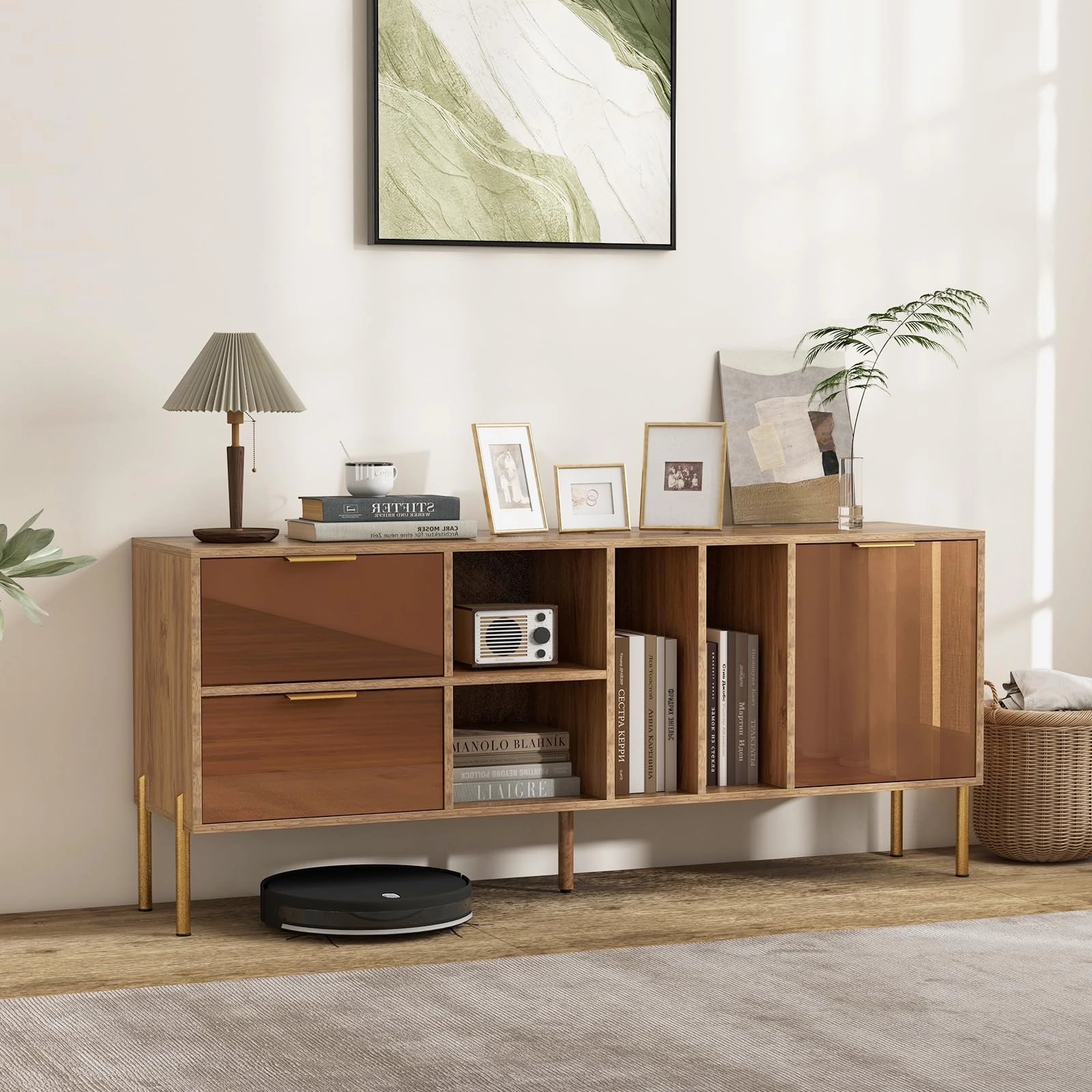 Giantex Mirrored Buffet Cabinet, Wooden Kitchen Sideboard Storage Cabinet w/2 Drawers & 1 Door Accent Cabinet