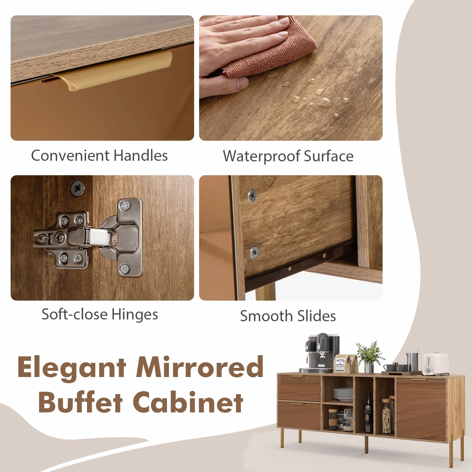 Giantex Mirrored Buffet Cabinet, Wooden Kitchen Sideboard Storage Cabinet w/2 Drawers & 1 Door Accent Cabinet