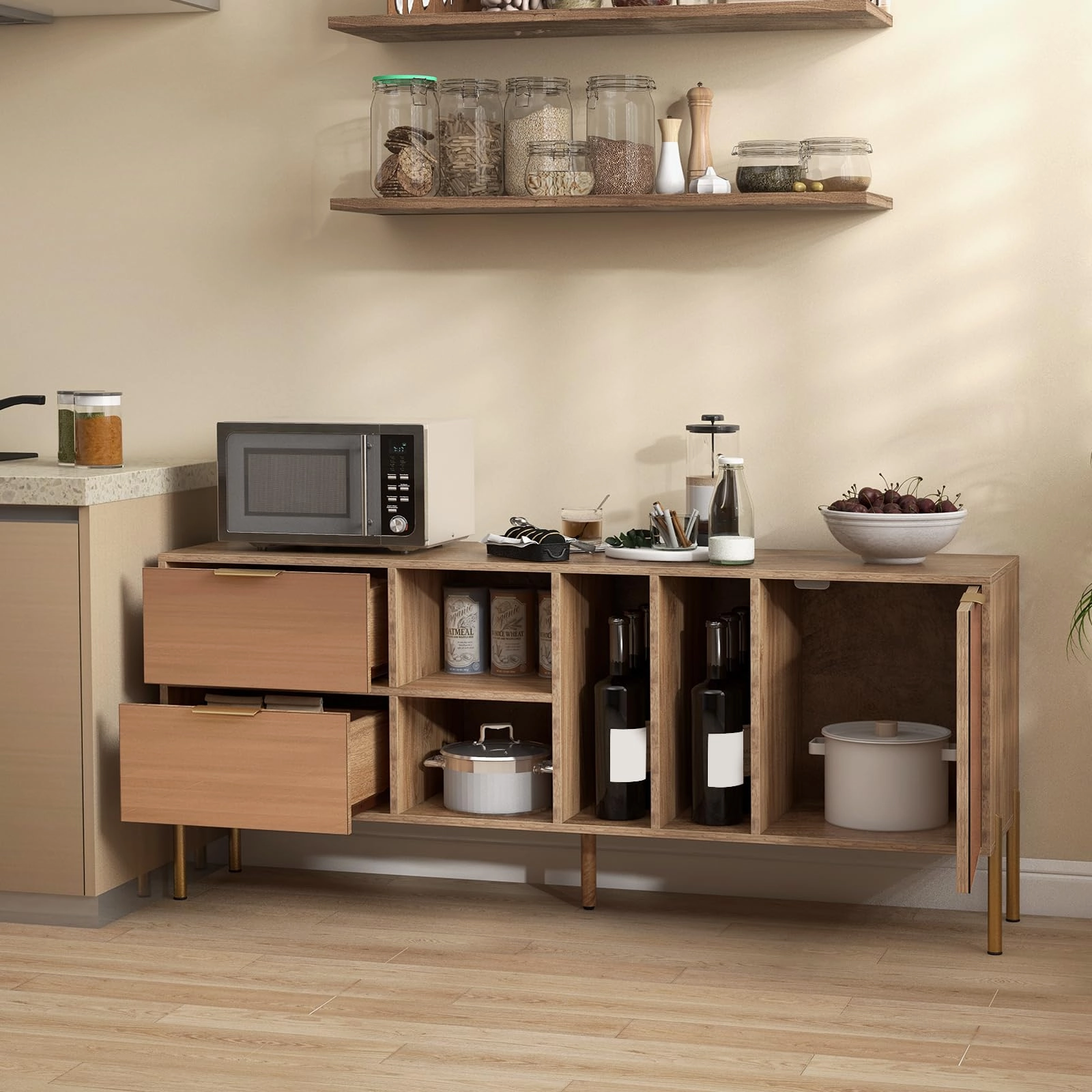 Giantex Mirrored Buffet Cabinet, Wooden Kitchen Sideboard Storage Cabinet w/2 Drawers & 1 Door Accent Cabinet