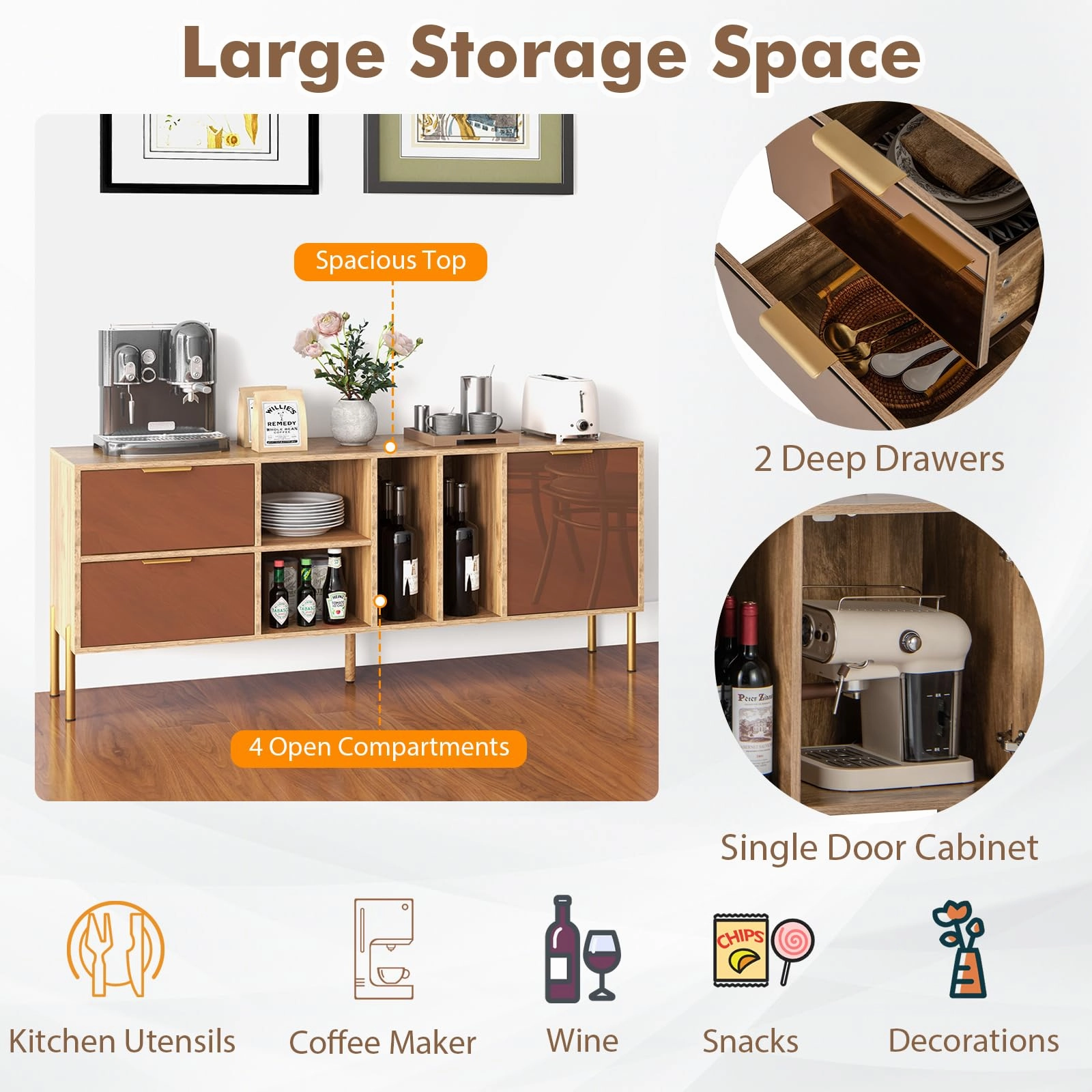 Giantex Mirrored Buffet Cabinet, Wooden Kitchen Sideboard Storage Cabinet w/2 Drawers & 1 Door Accent Cabinet
