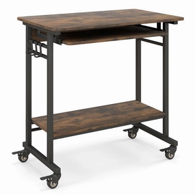 Giantex Mobile Computer Desk, Rolling Writing Desk with Keyboard Tray, Shelf & 3 Hanging Hooks, Rustic Brown & Black patio decor, garden accessories