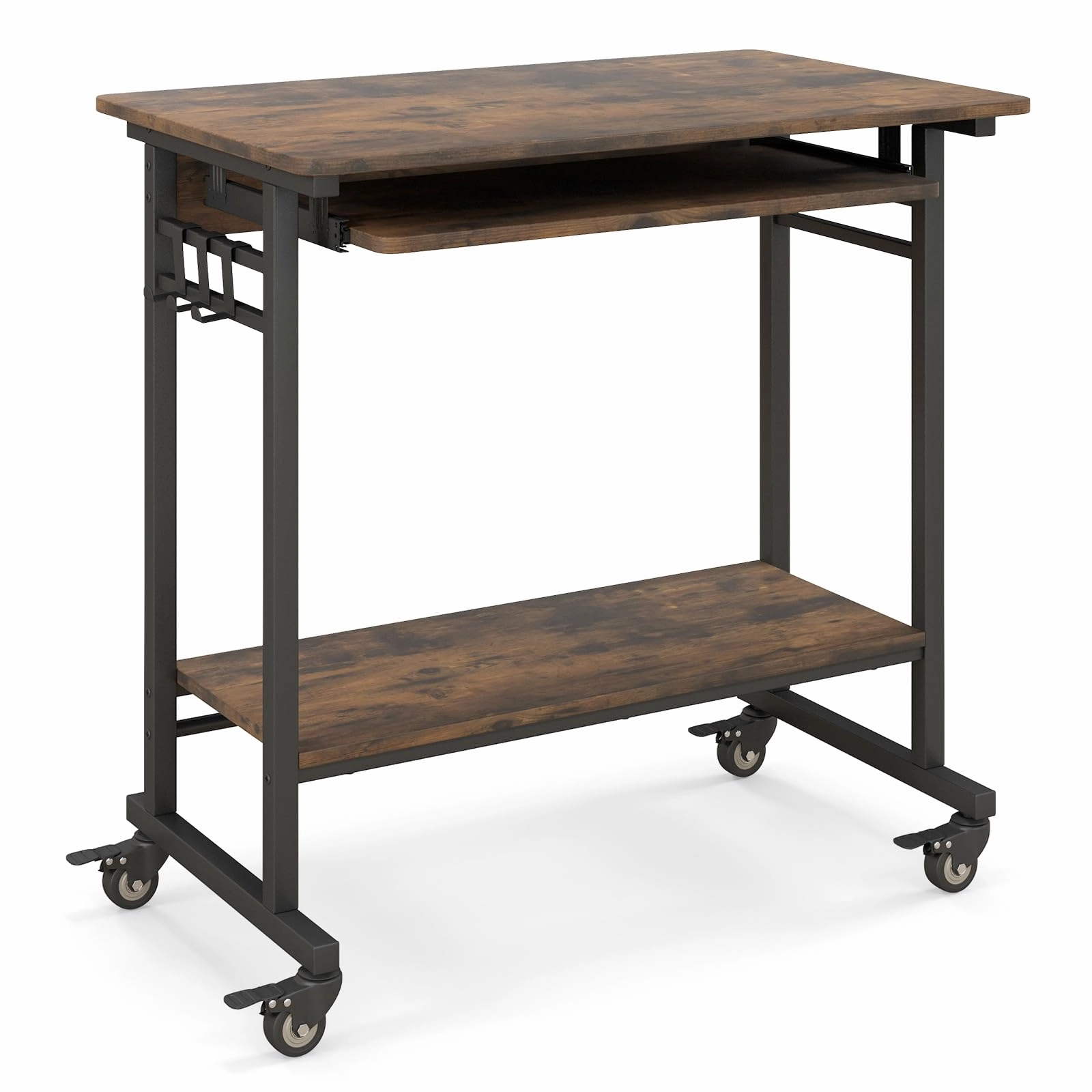 Giantex Mobile Computer Desk, Rolling Writing Desk with Keyboard Tray, Shelf & 3 Hanging Hooks, Rustic Brown & Black patio decor, garden accessories
