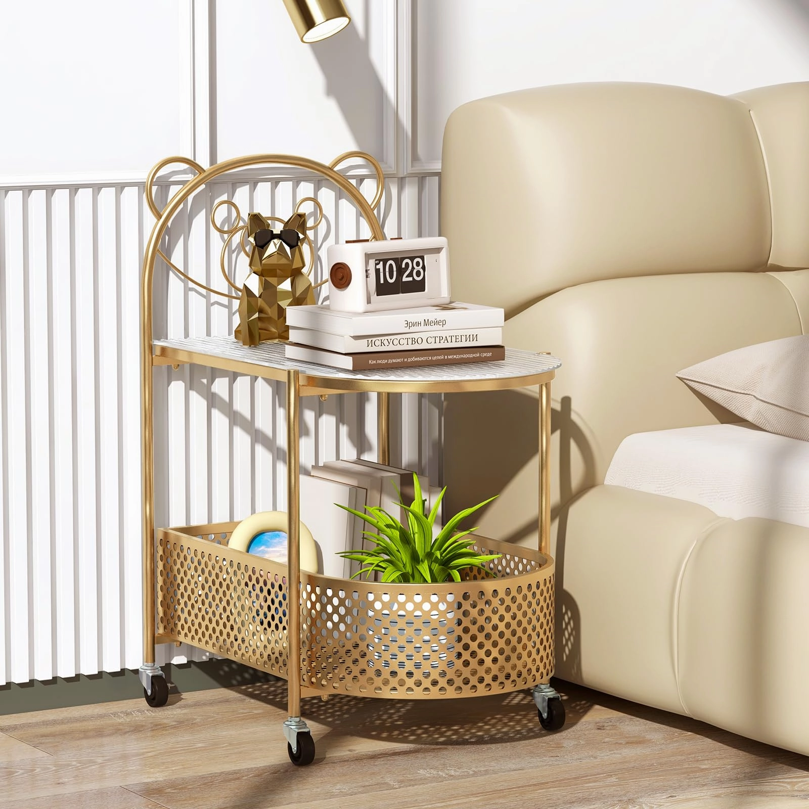 Giantex Mobile Glass Coffee Table, 2-Tier Modern Cocktail Table with Bear Pattern, Storage Basket & Metal Frame
