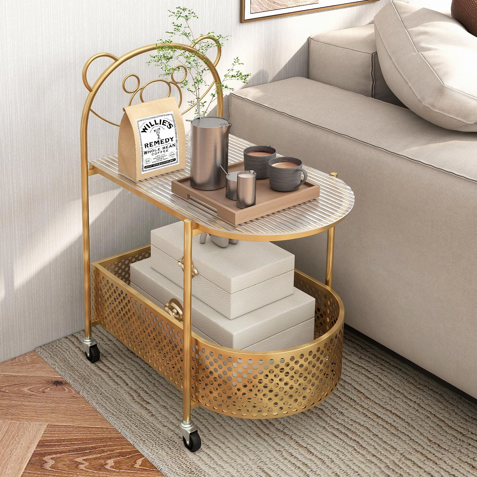 Giantex Mobile Glass Coffee Table, 2-Tier Modern Cocktail Table with Bear Pattern, Storage Basket & Metal Frame