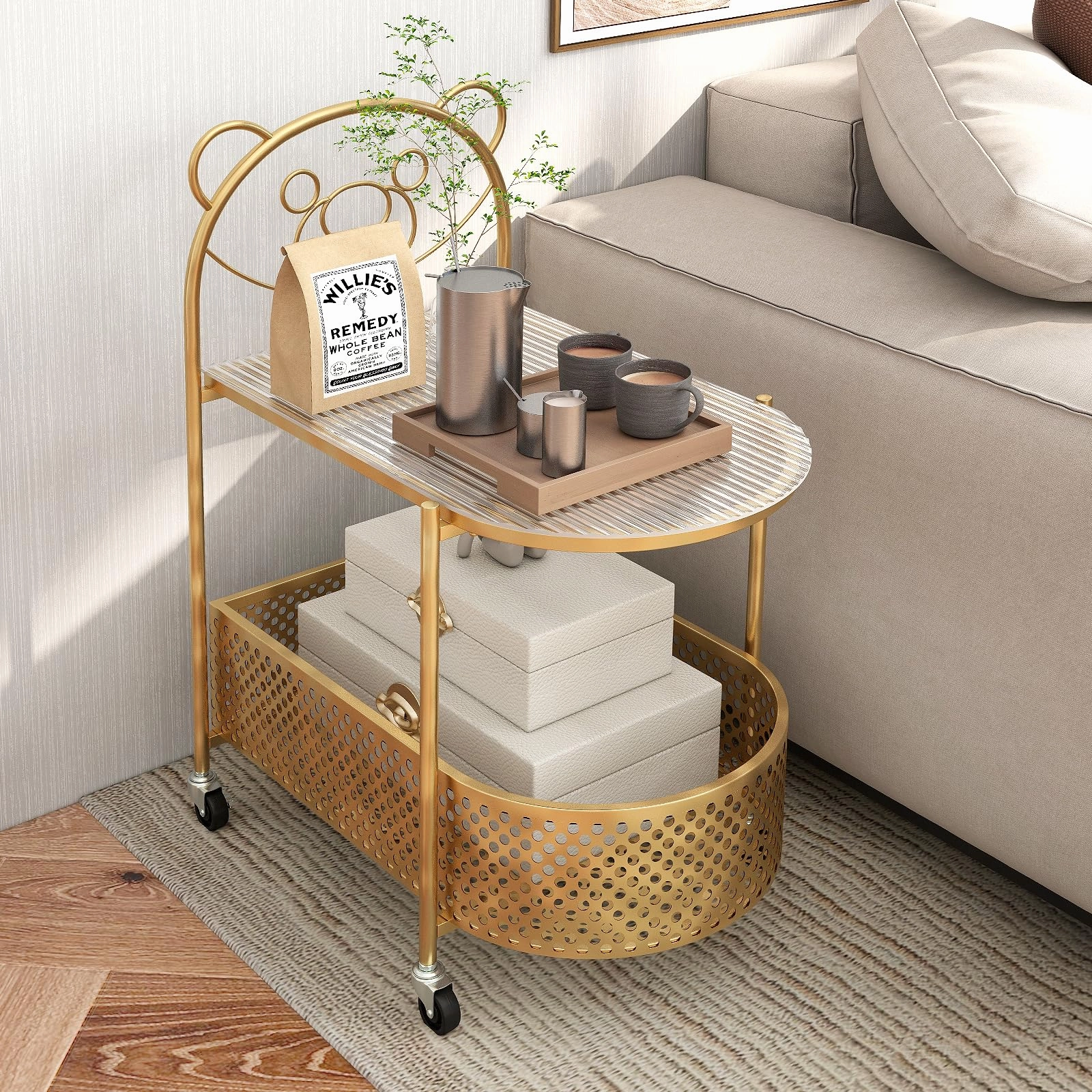 Giantex Mobile Glass Coffee Table, 2-Tier Modern Cocktail Table with Bear Pattern, Storage Basket & Metal Frame