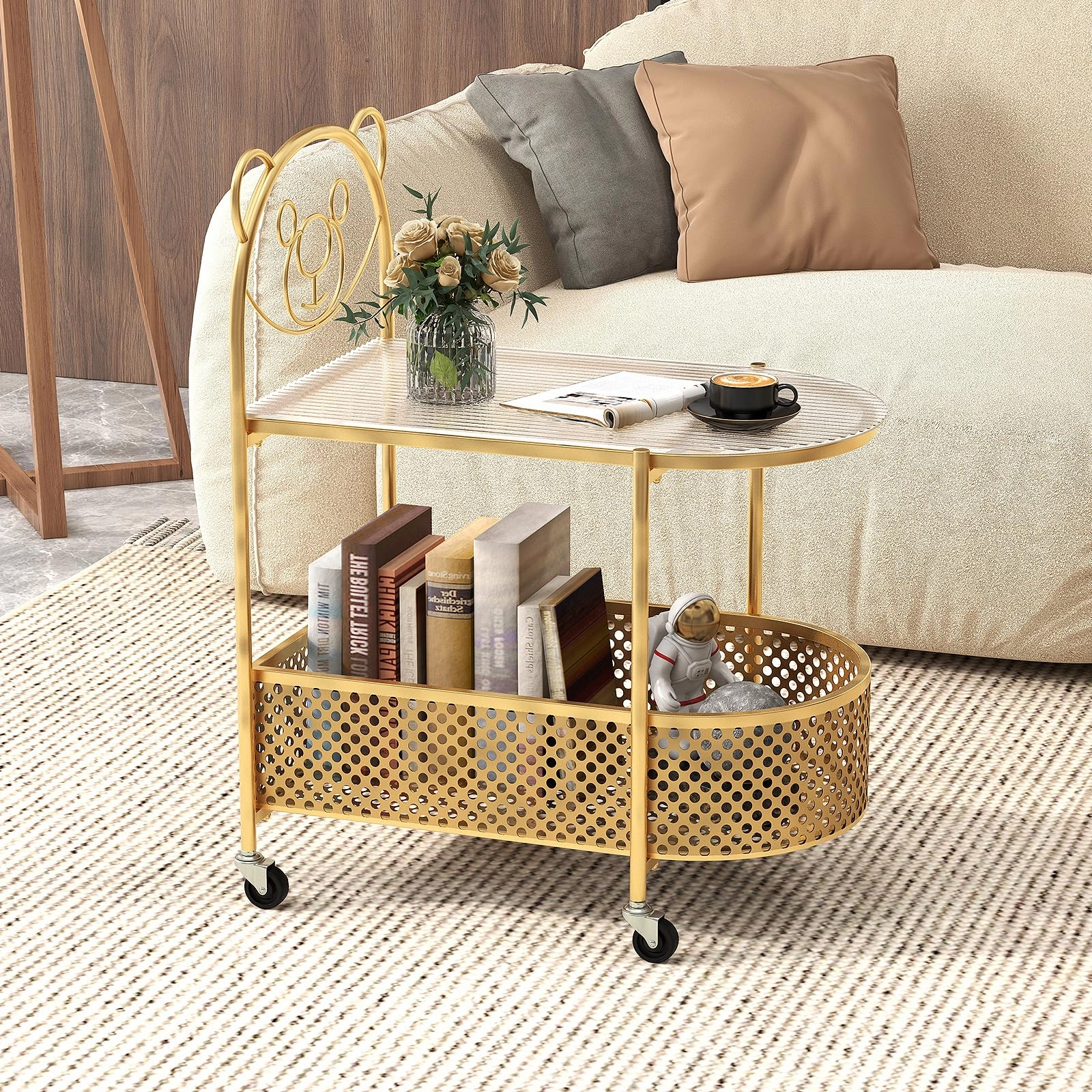 Giantex Mobile Glass Coffee Table, 2-Tier Modern Cocktail Table with Bear Pattern, Storage Basket & Metal Frame