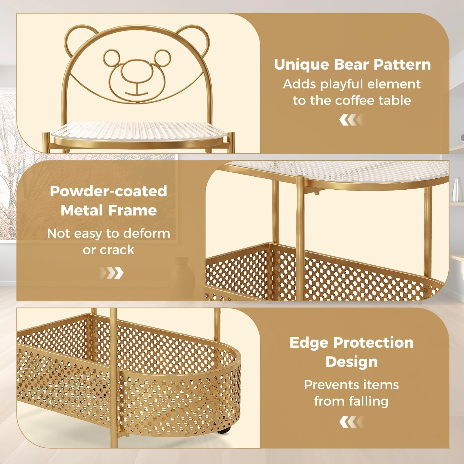 Giantex Mobile Glass Coffee Table, 2-Tier Modern Cocktail Table with Bear Pattern, Storage Basket & Metal Frame