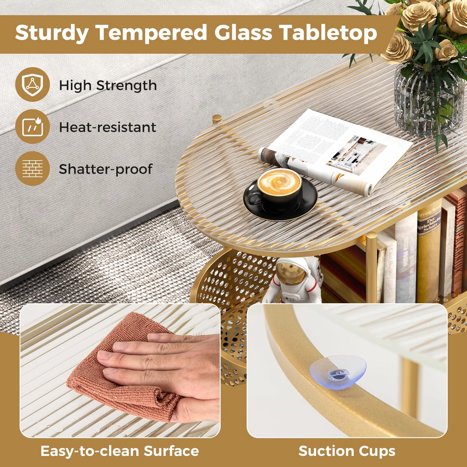 Giantex Mobile Glass Coffee Table, 2-Tier Modern Cocktail Table with Bear Pattern, Storage Basket & Metal Frame