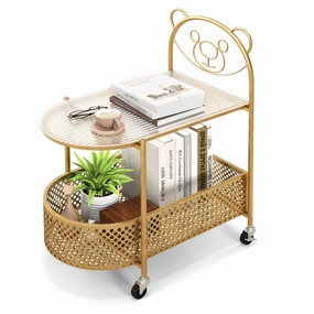 Giantex Mobile Glass Coffee Table, 2-Tier Modern Cocktail Table with Bear Pattern, Storage Basket & Metal Frame console table, hallway table