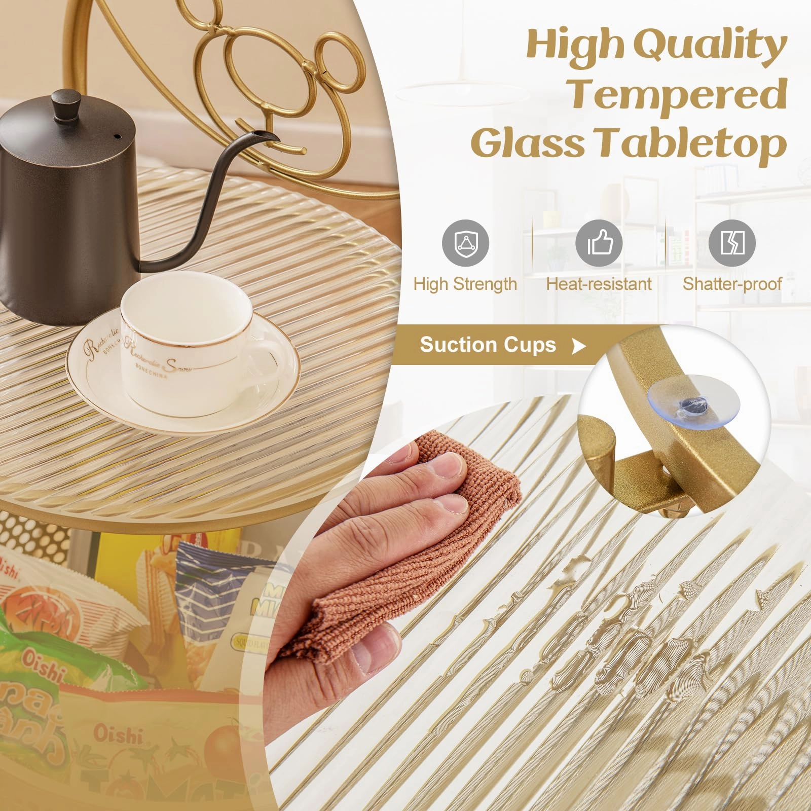 Giantex Mobile Glass Coffee Table, 2-Tier Round End Table with Bear Pattern, Storage Basket, Metal Frame