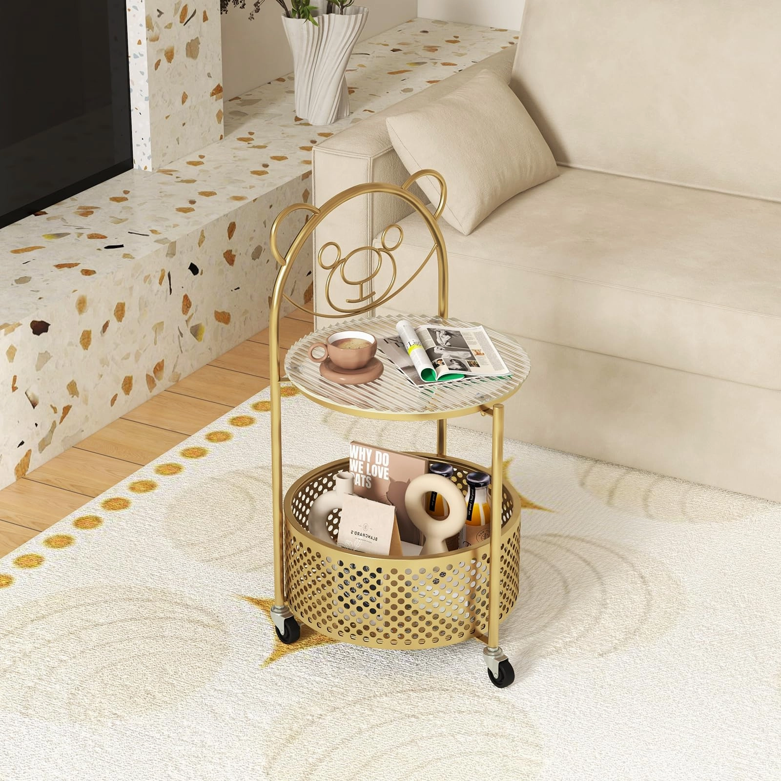 Giantex Mobile Glass Coffee Table, 2-Tier Round End Table with Bear Pattern, Storage Basket, Metal Frame